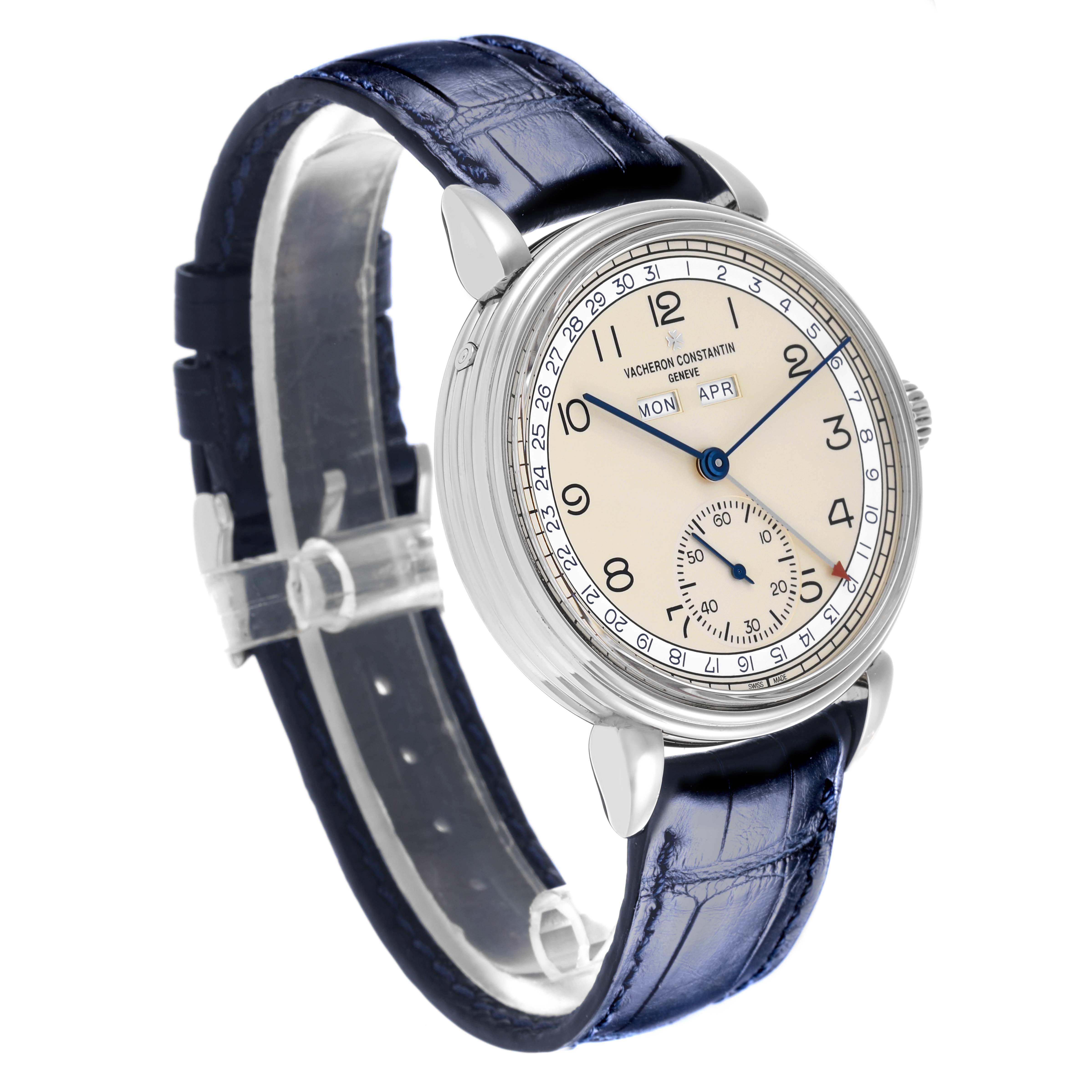 The Vacheron Constantin Historiques 3110V/000A Men's Stainless Steel Silver Dial 3110V/000A Men's Stainless Steel Silver Dial watch is shown at a three-quarter angle, displaying the face, case, and blue leather strap.