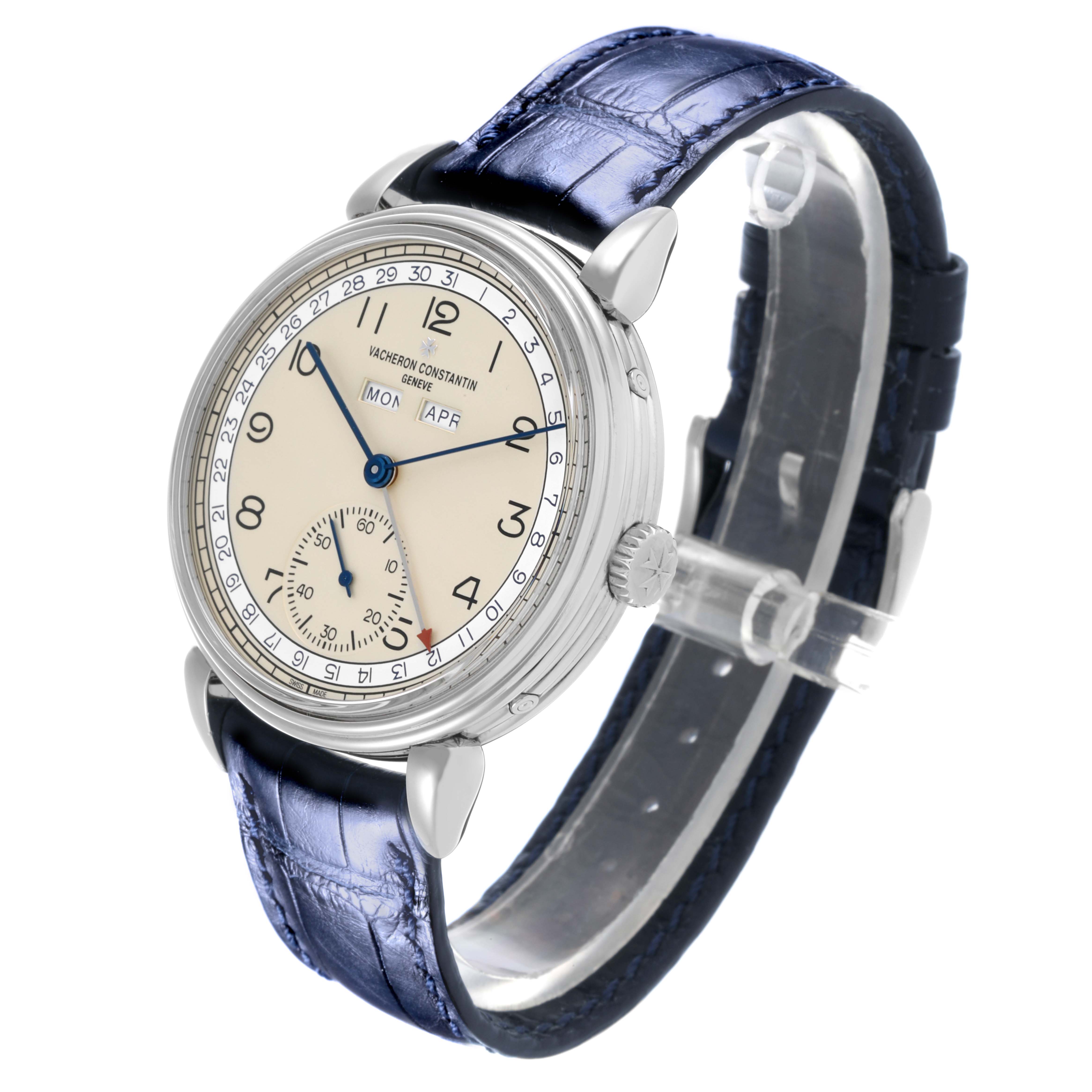 The Vacheron Constantin Historiques 3110V/000A Men's Stainless Steel Silver Dial 3110V/000A Men's Stainless Steel Silver Dial watch is shown from a three-quarter angle, displaying the dial, case, and leather strap.