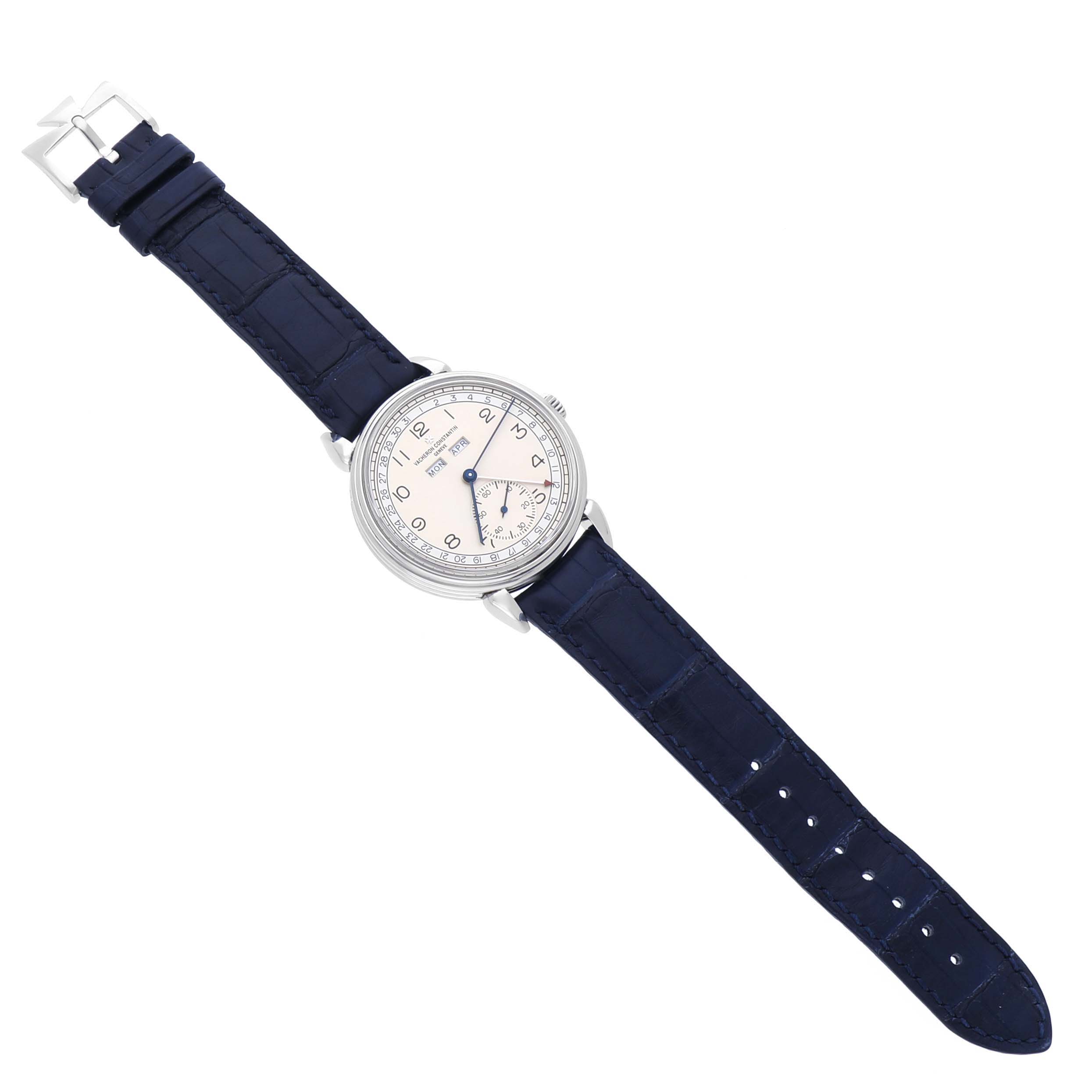 The Vacheron Constantin Historiques 3110V/000A Men's Stainless Steel Silver Dial 3110V/000A Men's Stainless Steel Silver Dial watch is shown from a top view, displaying the dial, case, and full strap.