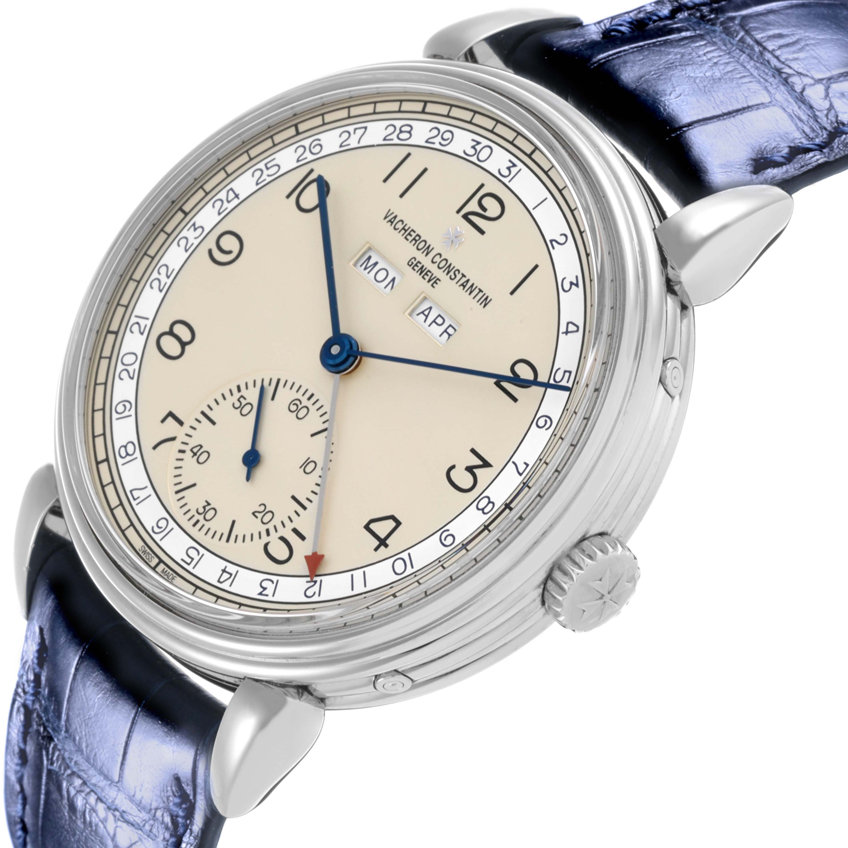 The Vacheron Constantin Historiques 3110V/000A Men's Stainless Steel Silver Dial 3110V/000A Men's Stainless Steel Silver Dial watch is shown from a front angle displaying the dial, hands, crown, and part of the strap.