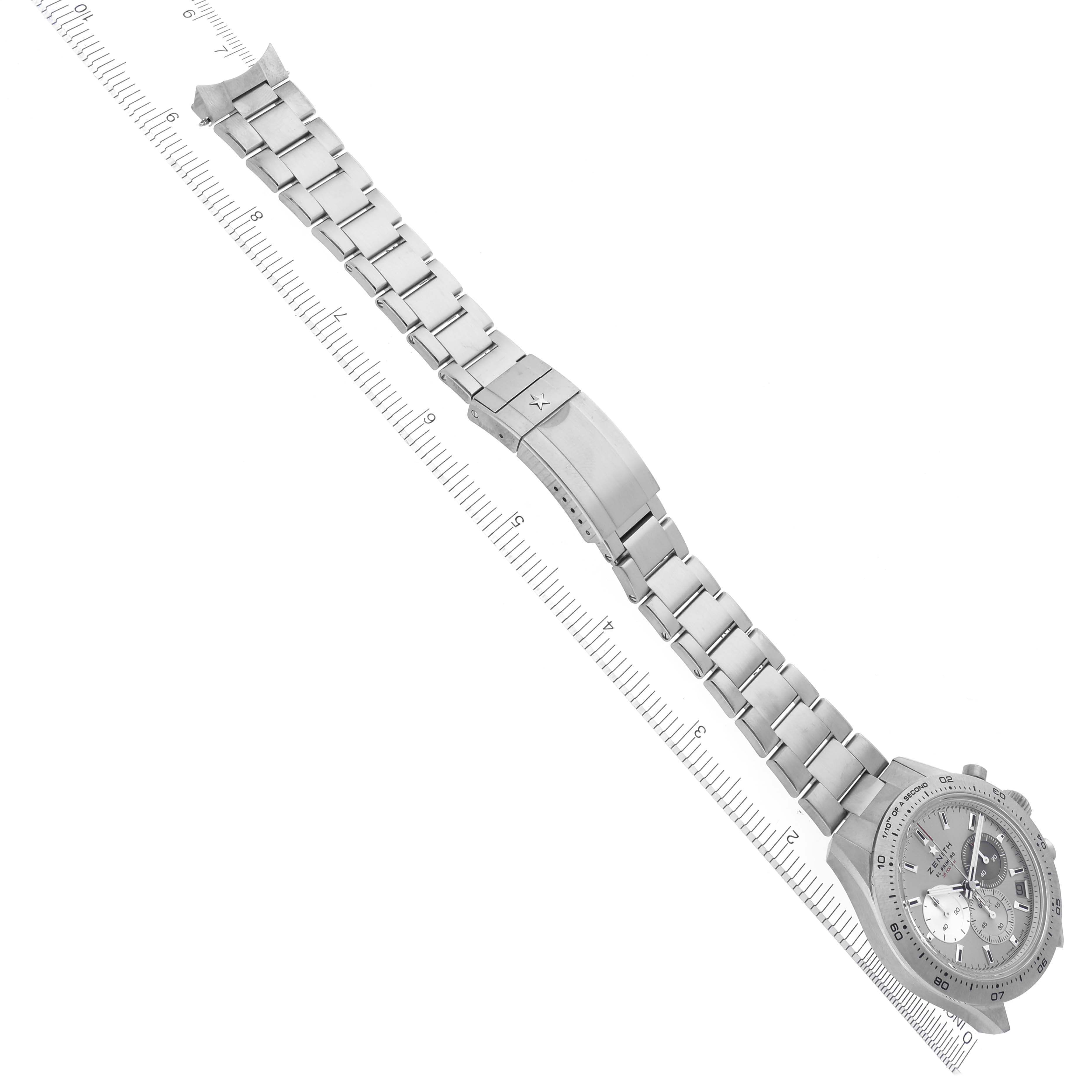 The Zenith Chronomaster 95.3100.3600.39.M3100 Men
s Titanium Silver Dial 95.3100.3600.39.M3100 Men
s Titanium Silver Dial watch is shown at an angled top view, featuring the full bracelet and clasp.