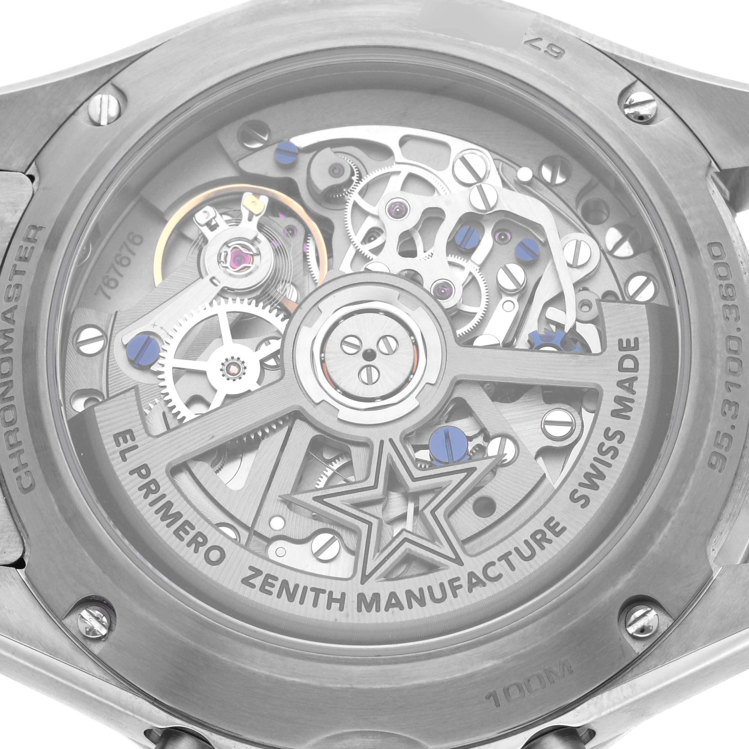 The image shows the back view of a Zenith Chronomaster 95.3100.3600.39.M3100 Men
s Titanium Silver Dial 95.3100.3600.39.M3100 Men
s Titanium Silver Dial watch, highlighting its intricate movement.
