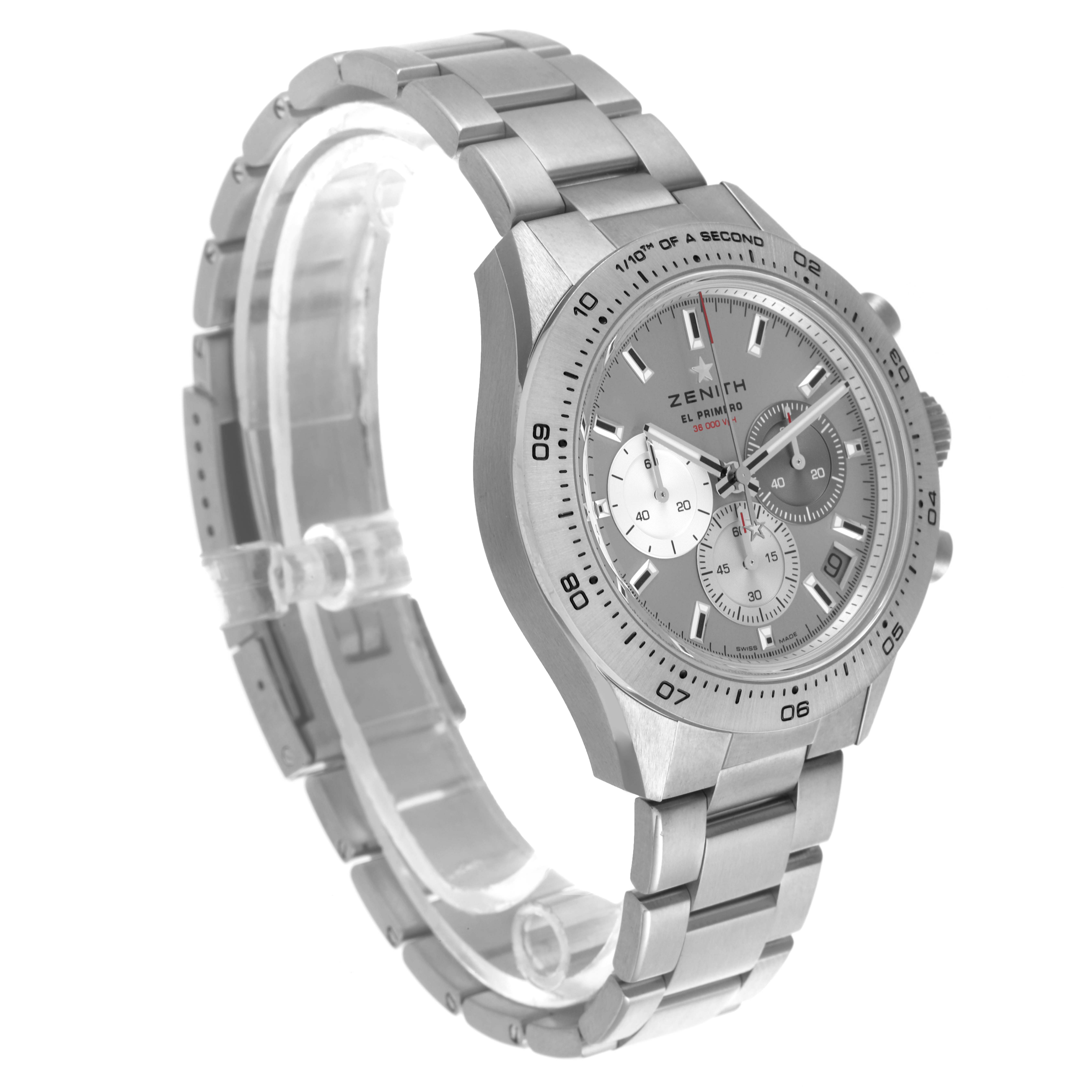 The Zenith Chronomaster 95.3100.3600.39.M3100 Men
s Titanium Silver Dial 95.3100.3600.39.M3100 Men
s Titanium Silver Dial watch is shown at a three-quarter angle, highlighting the face, bezel, and bracelet.