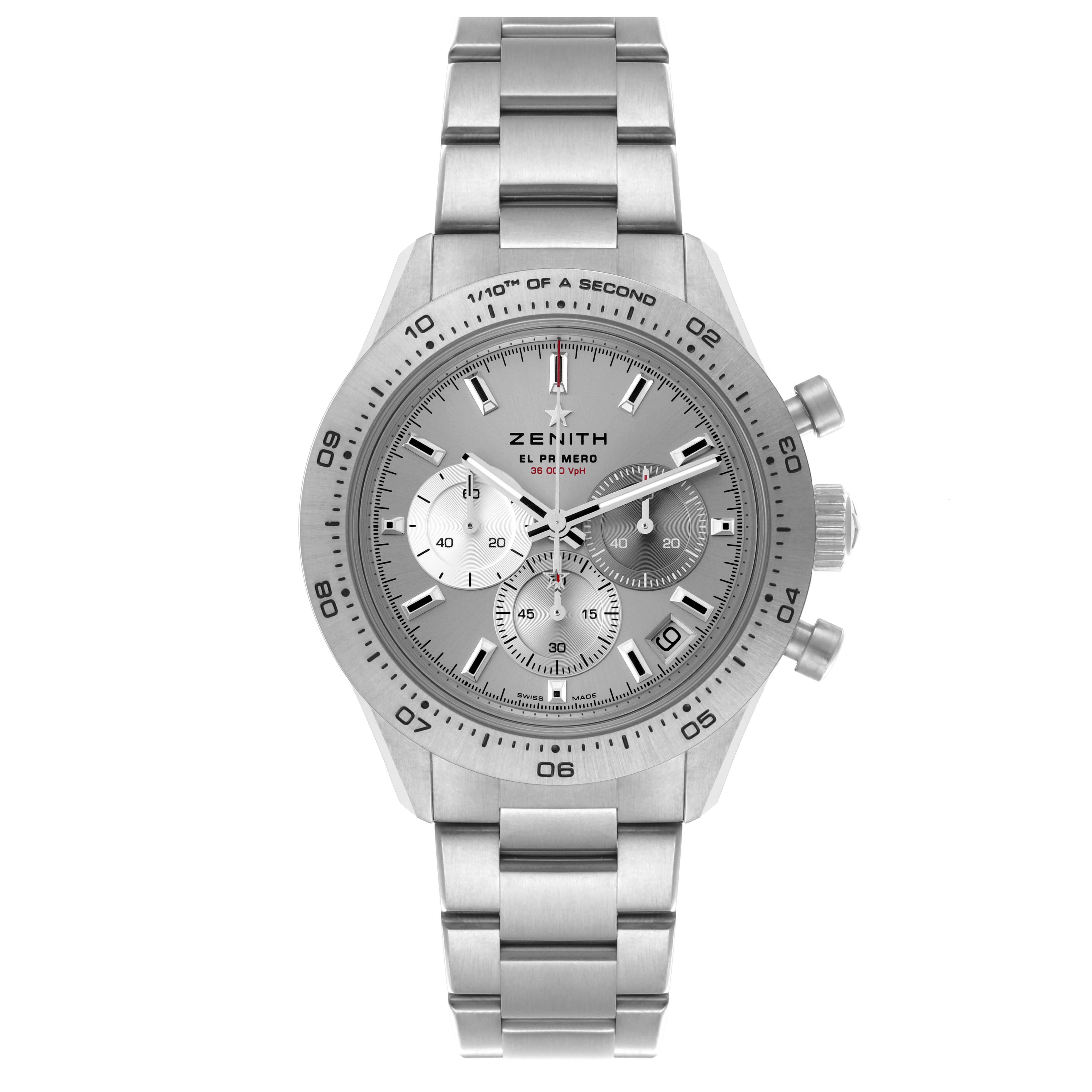 The Zenith Chronomaster 95.3100.3600.39.M3100 Men
s Titanium Silver Dial 95.3100.3600.39.M3100 Men
s Titanium Silver Dial watch is shown from the front, displaying the face, bezel, crown, pushers, and bracelet.