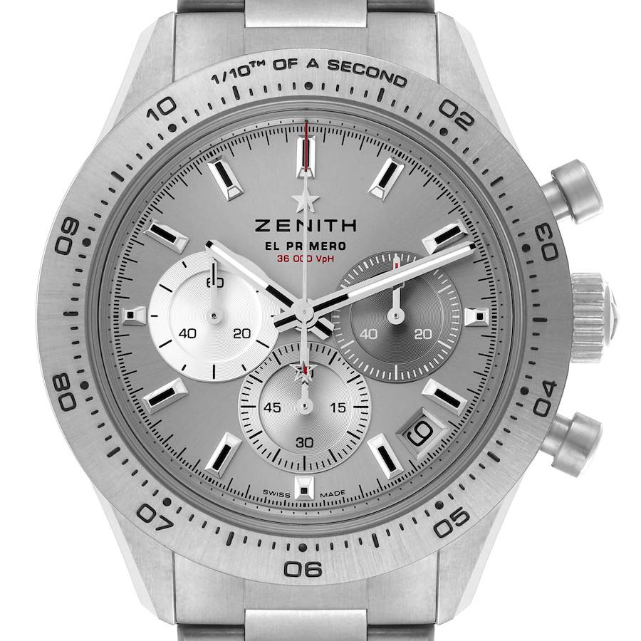 The Zenith Chronomaster is shown from the front, displaying the dial, subdials, bezel, and crown.