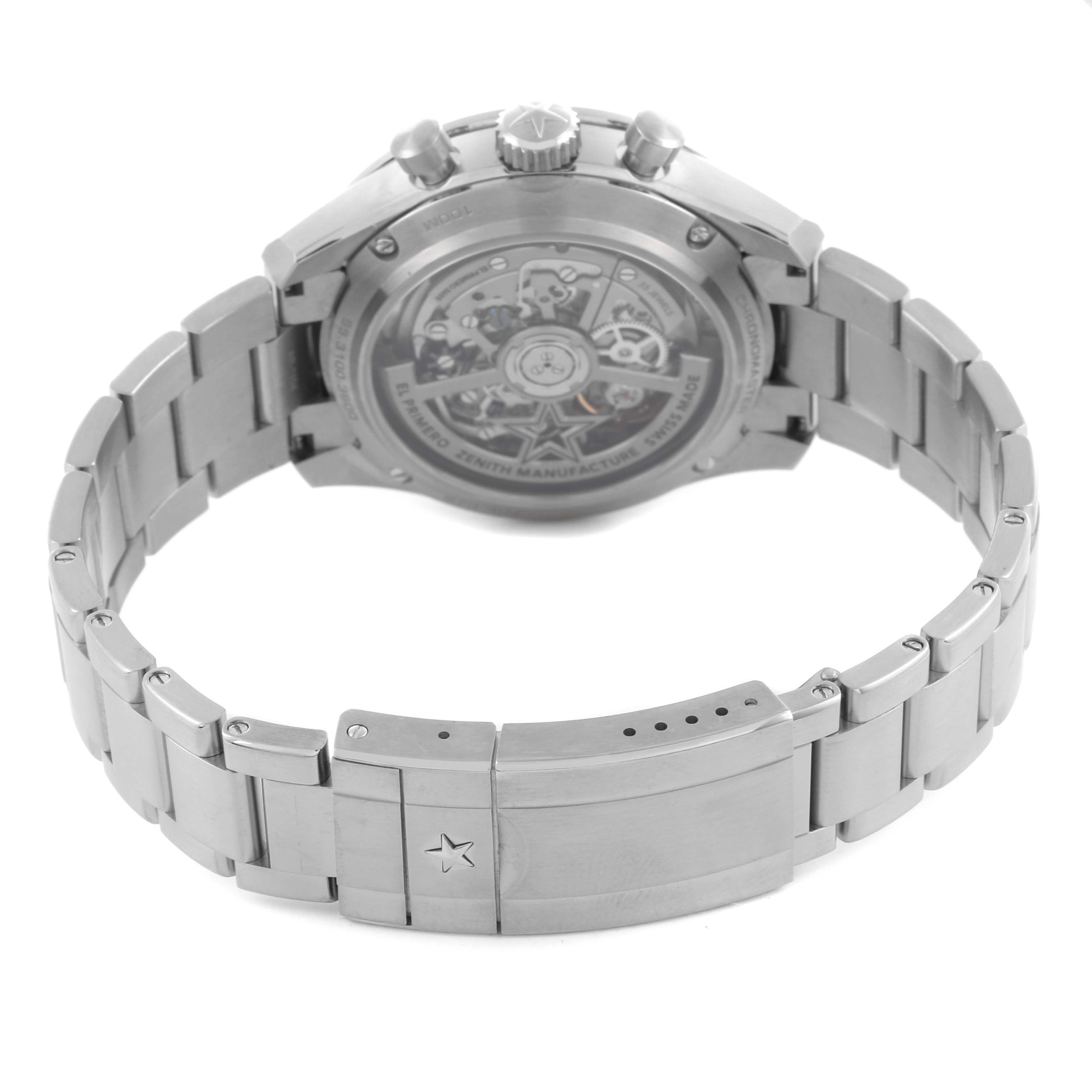 The Zenith Chronomaster 95.3100.3600.39.M3100 Men
s Titanium Silver Dial 95.3100.3600.39.M3100 Men
s Titanium Silver Dial watch is shown from the back, displaying the transparent case back and metal bracelet.