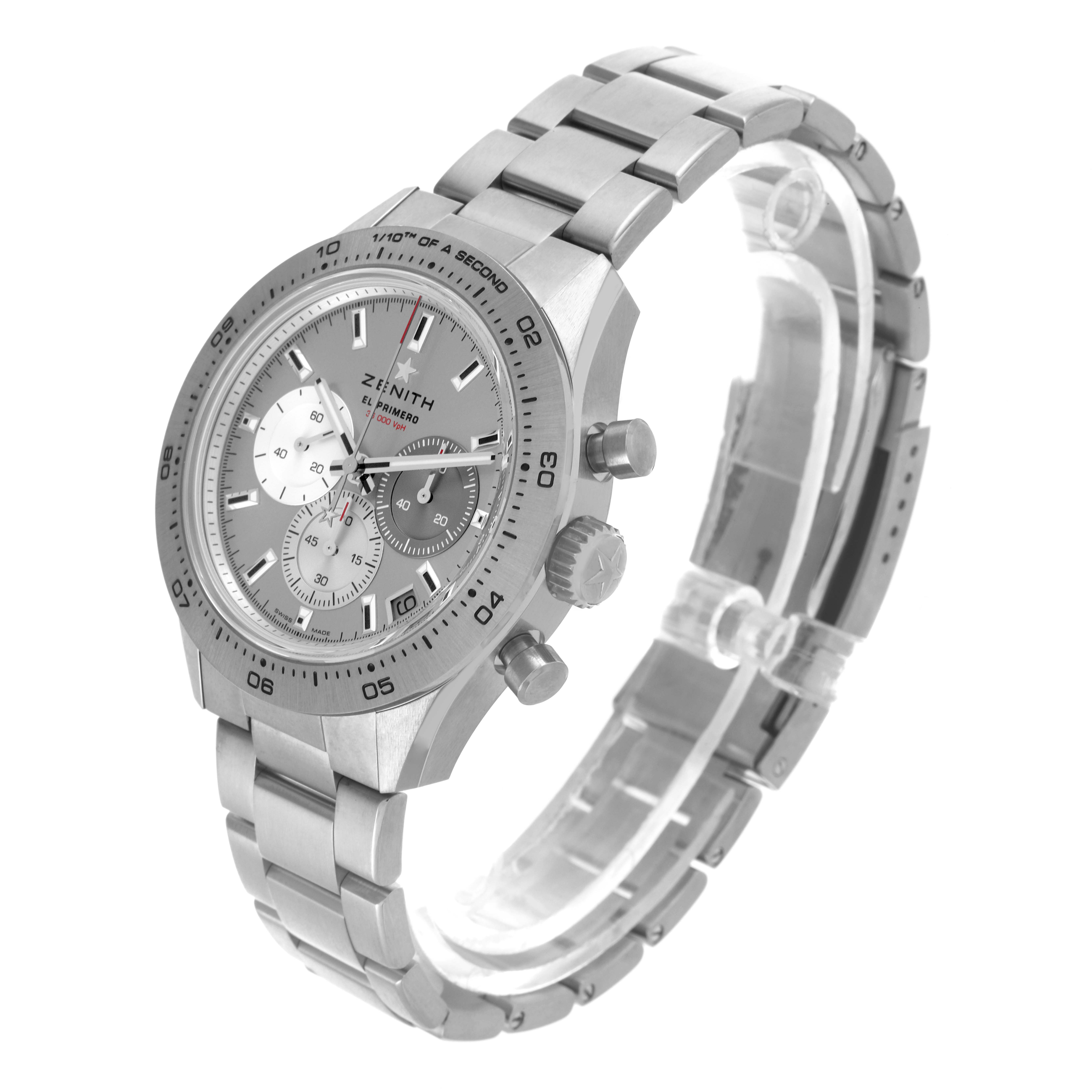 The Zenith Chronomaster 95.3100.3600.39.M3100 Men
s Titanium Silver Dial 95.3100.3600.39.M3100 Men
s Titanium Silver Dial watch is shown at a three-quarter angle, displaying the face, bezel, crown, and bracelet.