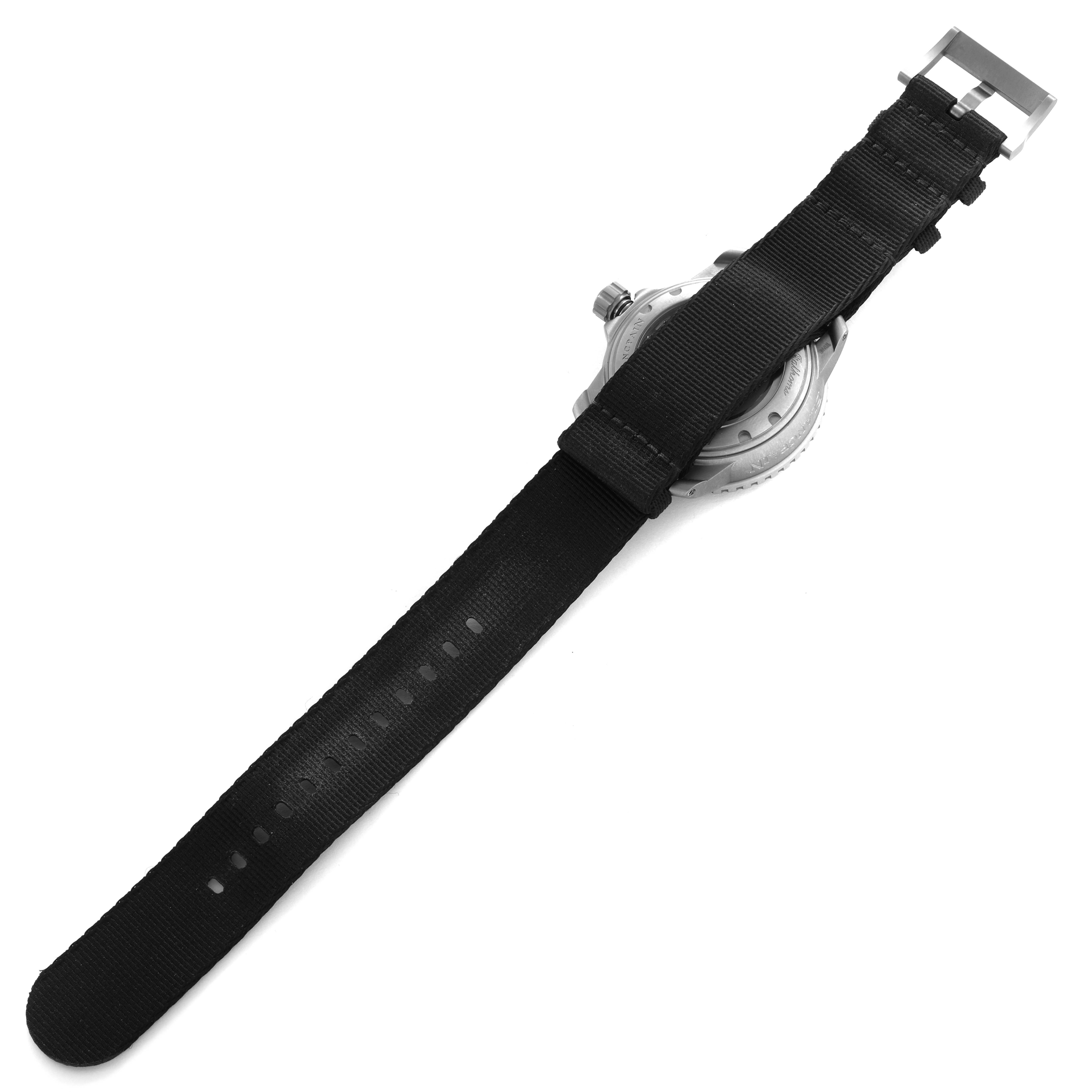 The image shows the Blancpain Fifty Fathoms 5015-12B30 Men's Titanium Black Dial watch from the back, highlighting the strap and buckle.