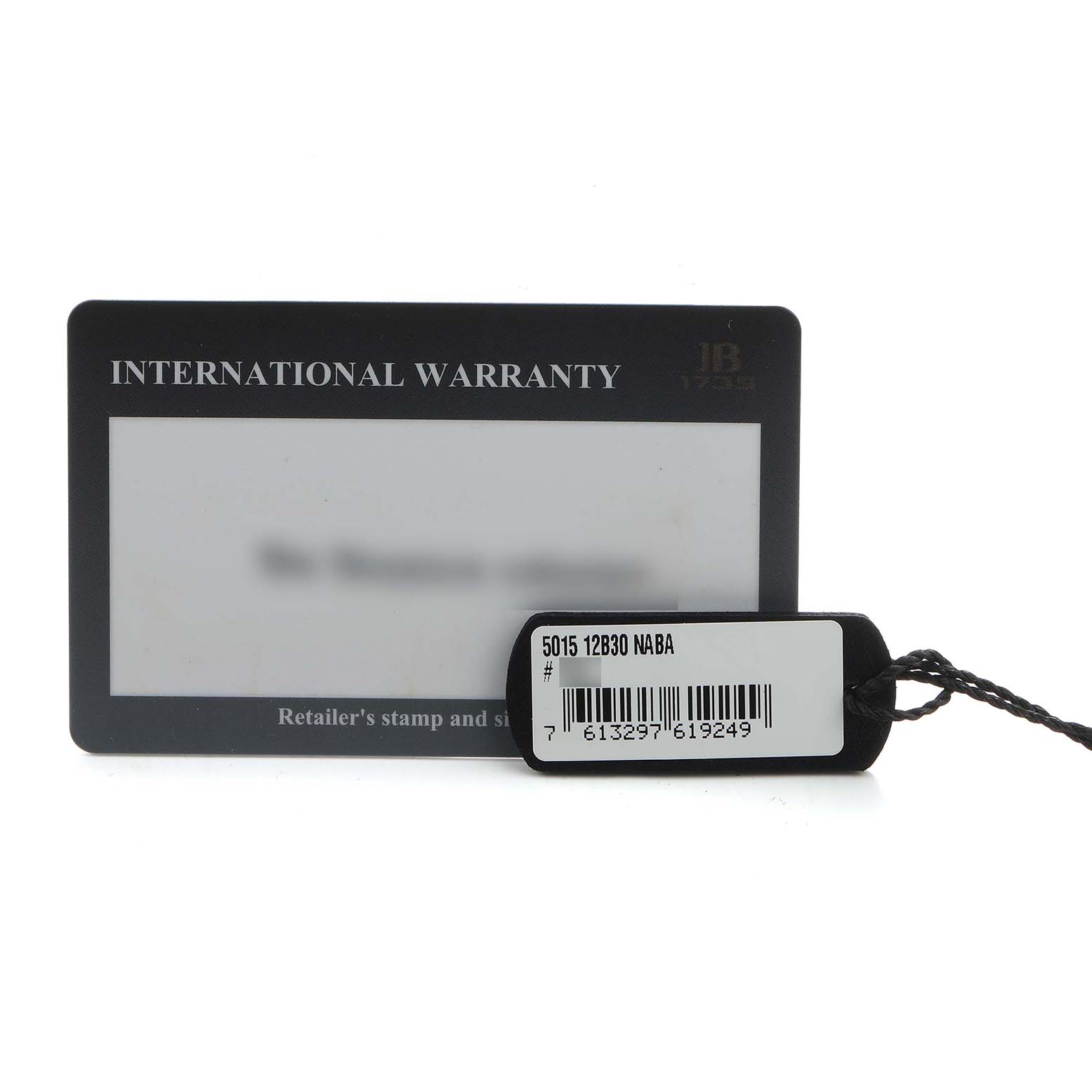 The image shows an international warranty card and a tag with a barcode for the Blancpain Fifty Fathoms 5015-12B30 Men's Titanium Black Dial watch.