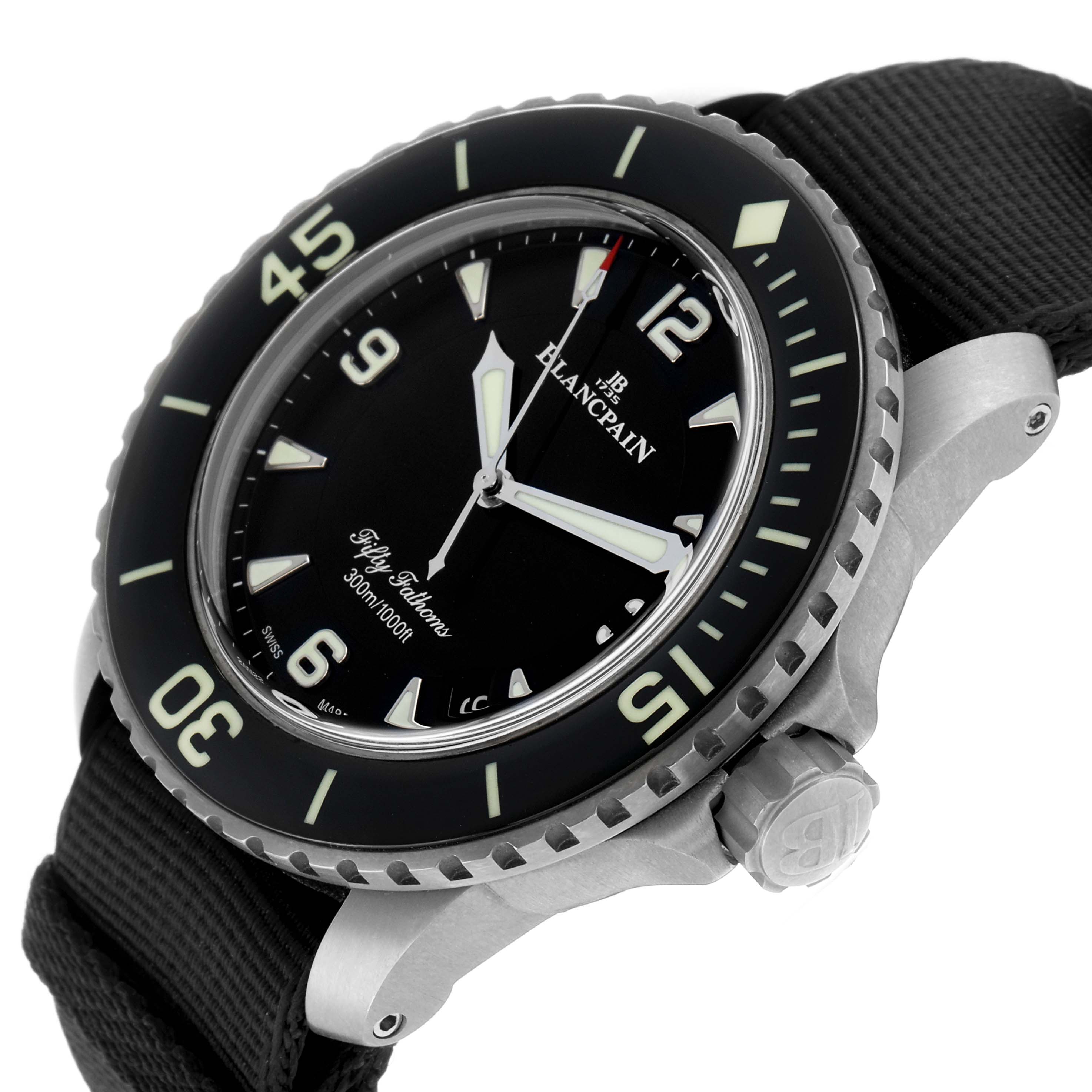 The Blancpain Fifty Fathoms 5015-12B30 Men's Titanium Black Dial watch is shown at a slight upward angle, highlighting the bezel, dial, and crown.
