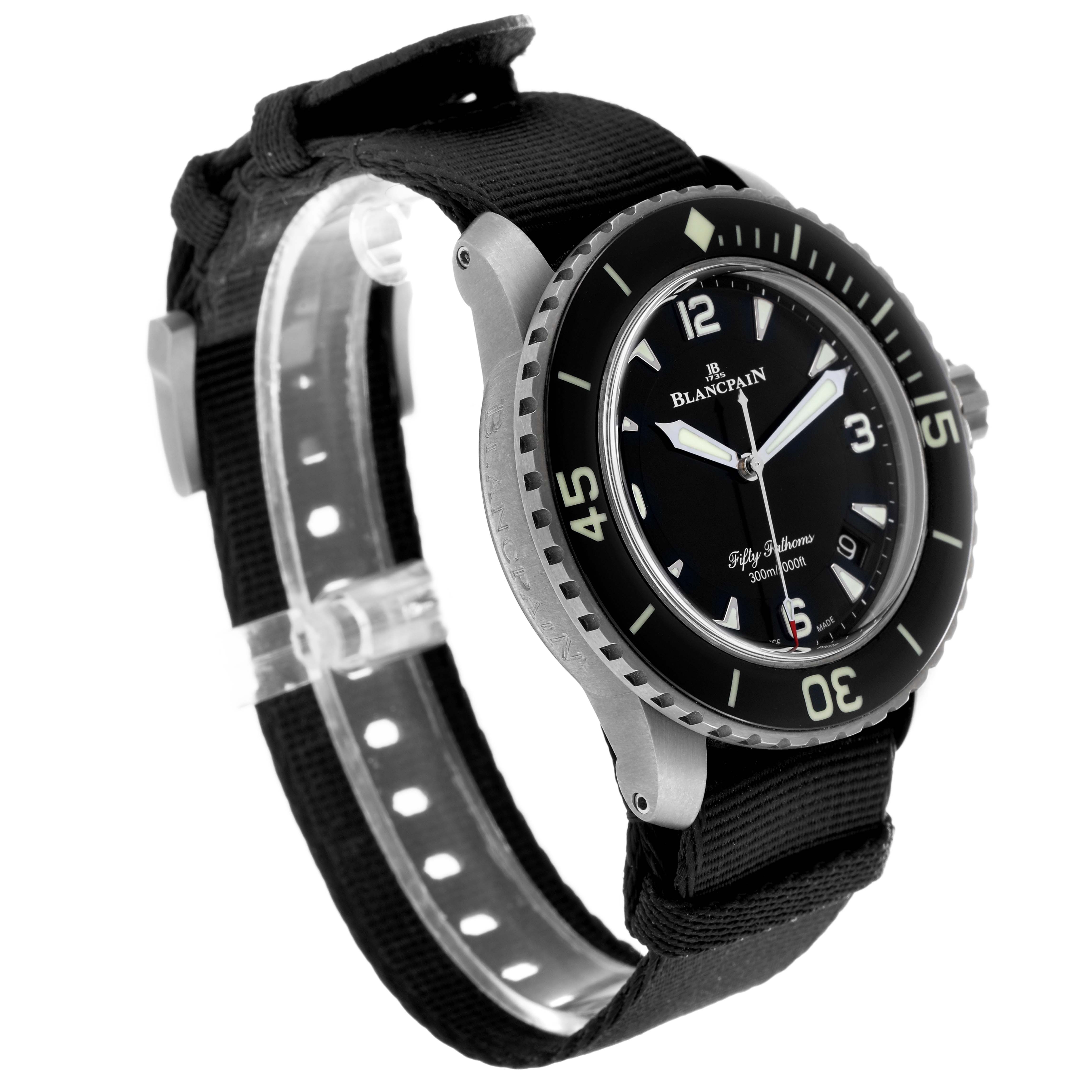 The Blancpain Fifty Fathoms 5015-12B30 Men's Titanium Black Dial watch is shown at a side angle, displaying the face, bezel, strap, and lugs.