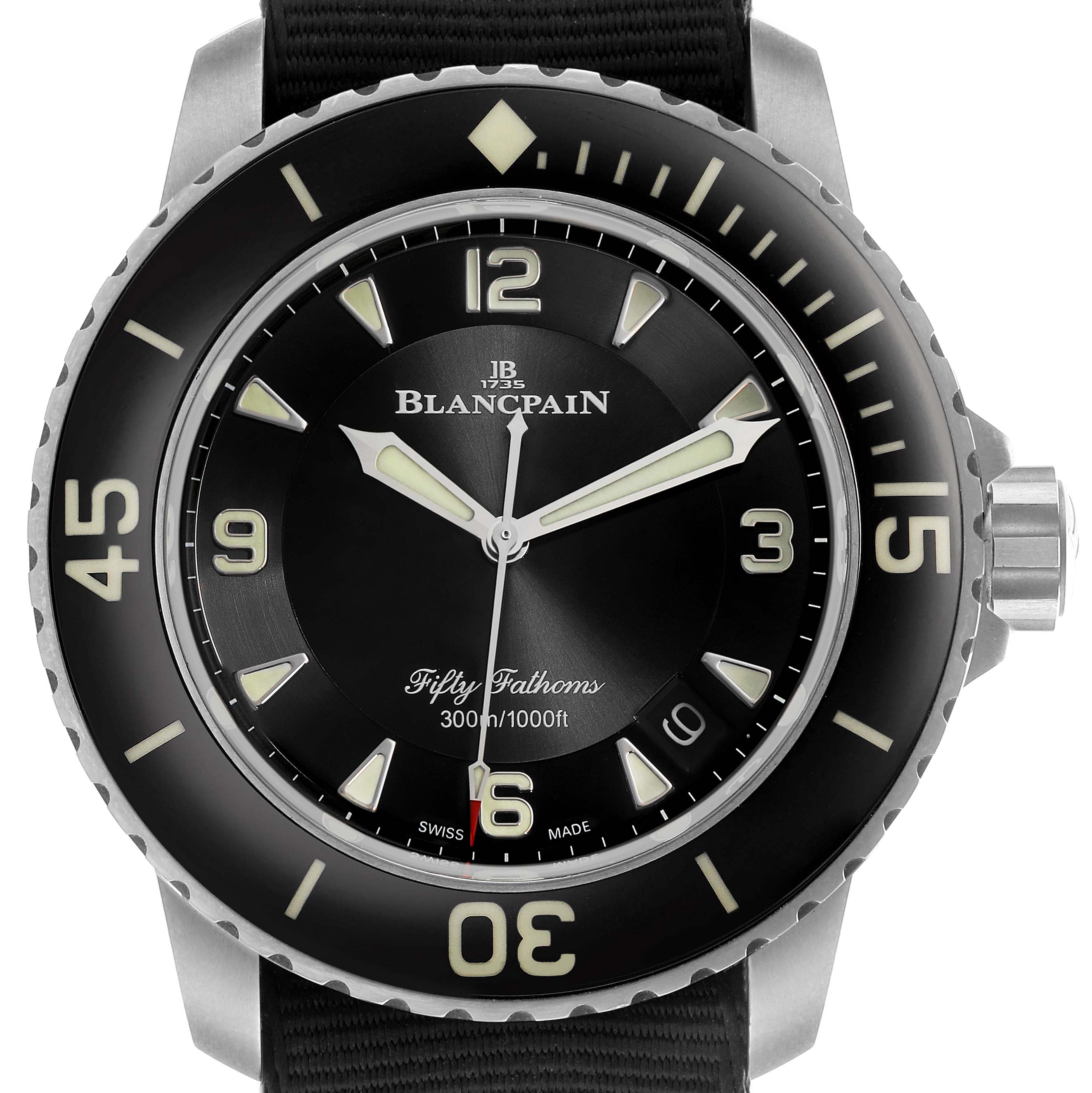 The Blancpain Fifty Fathoms 5015-12B30 Men's Titanium Black Dial watch is shown from a front view, highlighting the dial, bezel, and strap attachment.