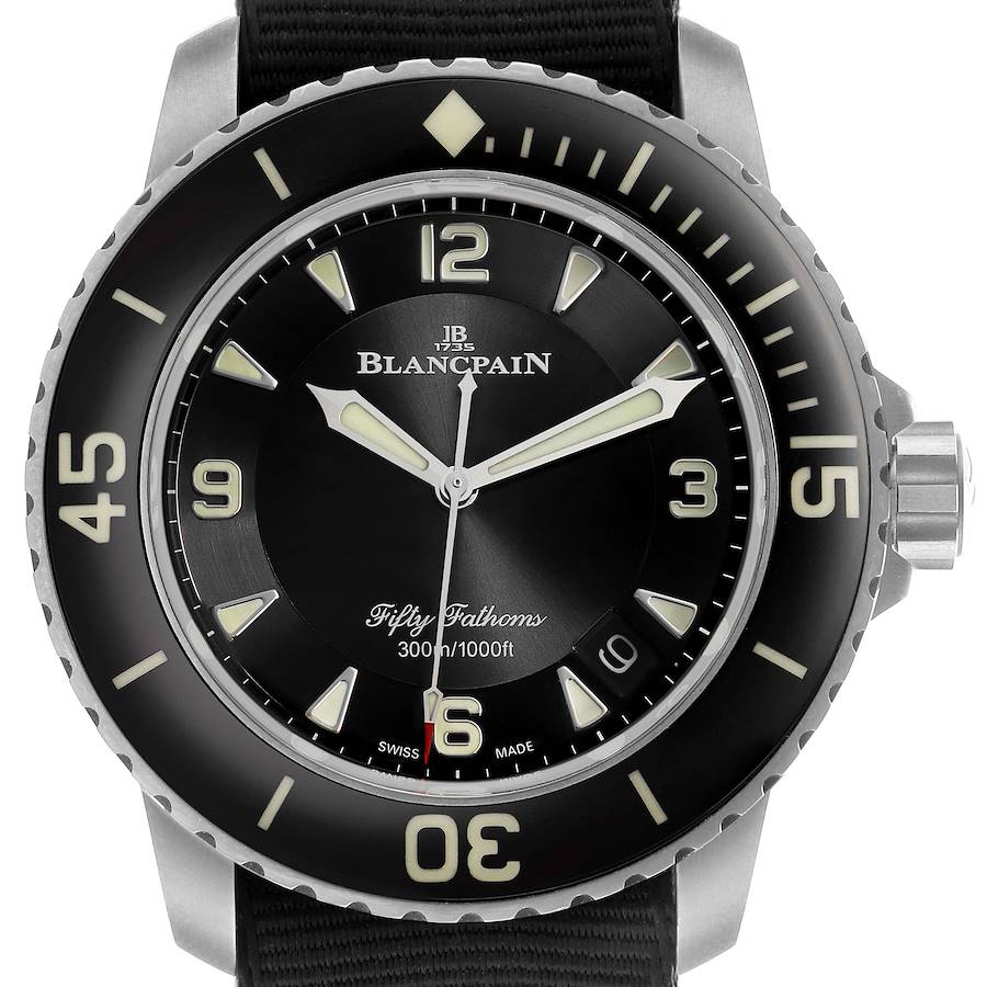 The Blancpain Fifty Fathoms 5015-12B30 Men's Titanium Black Dial watch is shown from a front view, highlighting the dial, bezel, and strap attachment.