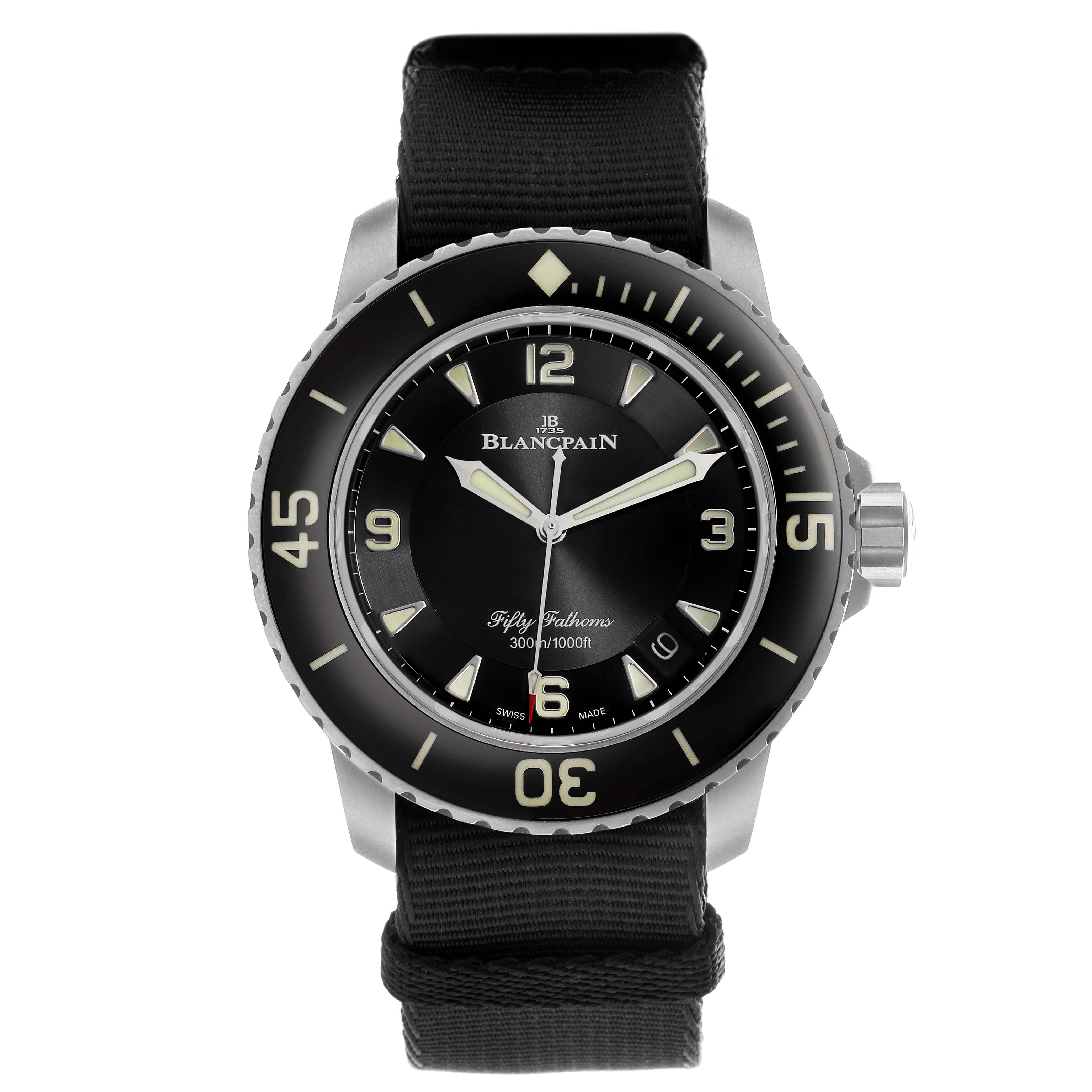 The Blancpain Fifty Fathoms 5015-12B30 Men's Titanium Black Dial watch is shown from a front angle, highlighting the dial, bezel, and strap.