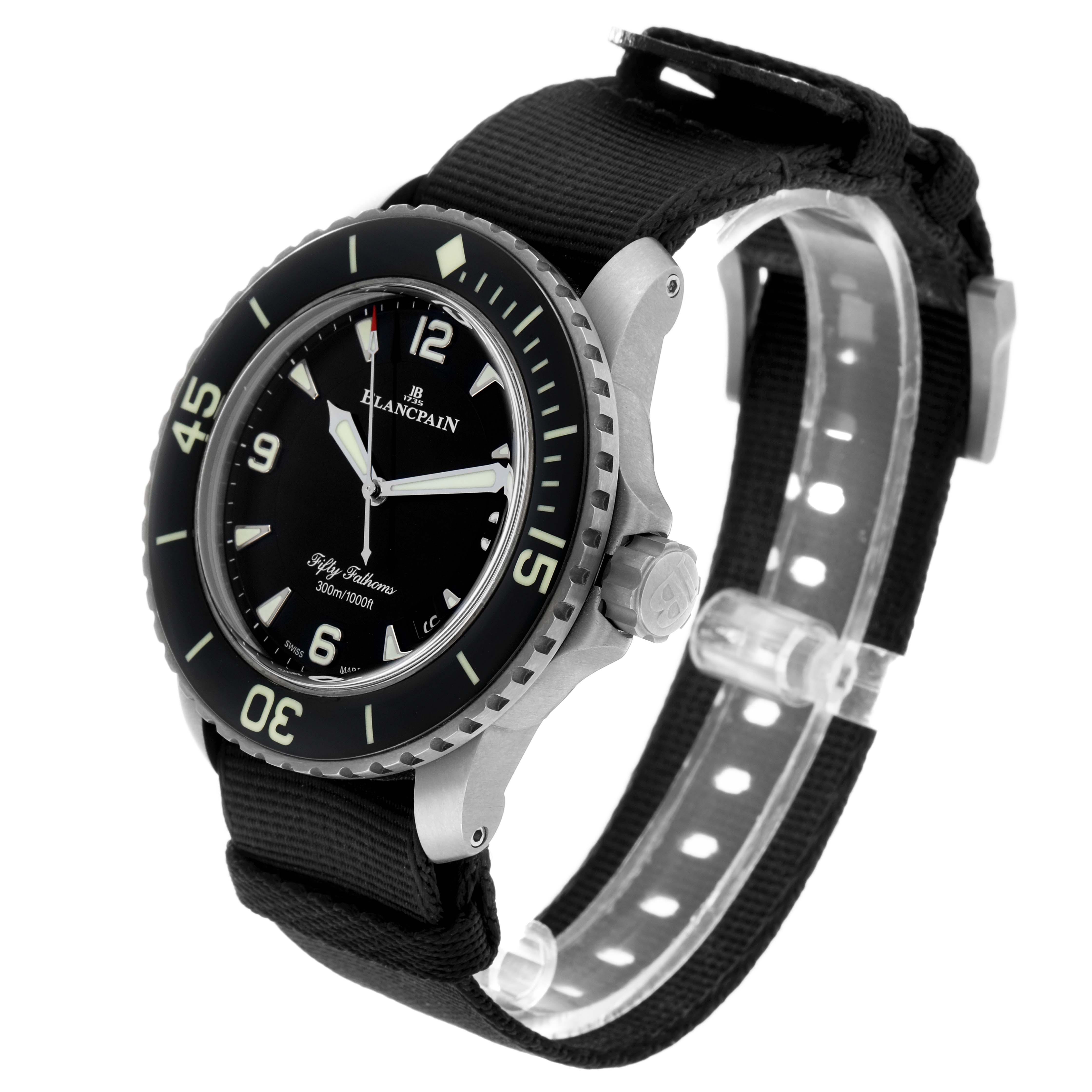 The Blancpain Fifty Fathoms 5015-12B30 Men's Titanium Black Dial watch is shown at a side angle, highlighting the dial, bezel, and strap.