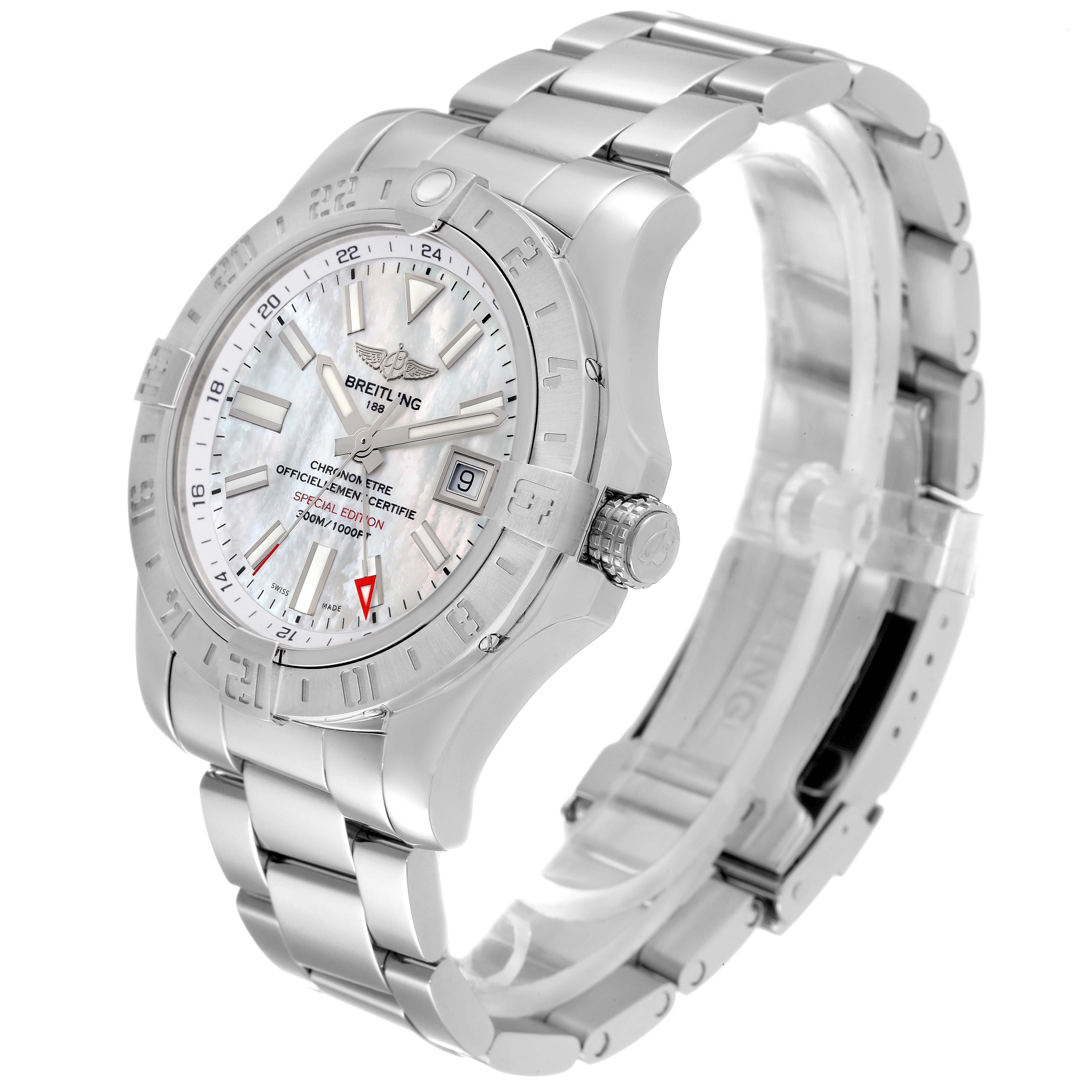 The image shows a side-angle view of the Breitling Avenger A3239011-C872-170A Men's Stainless Steel Mother of Pearl Dial A3239011-C872-170A Men's Stainless Steel Mother of Pearl Dial watch, highlighting its stainless steel bracelet and detailed face.