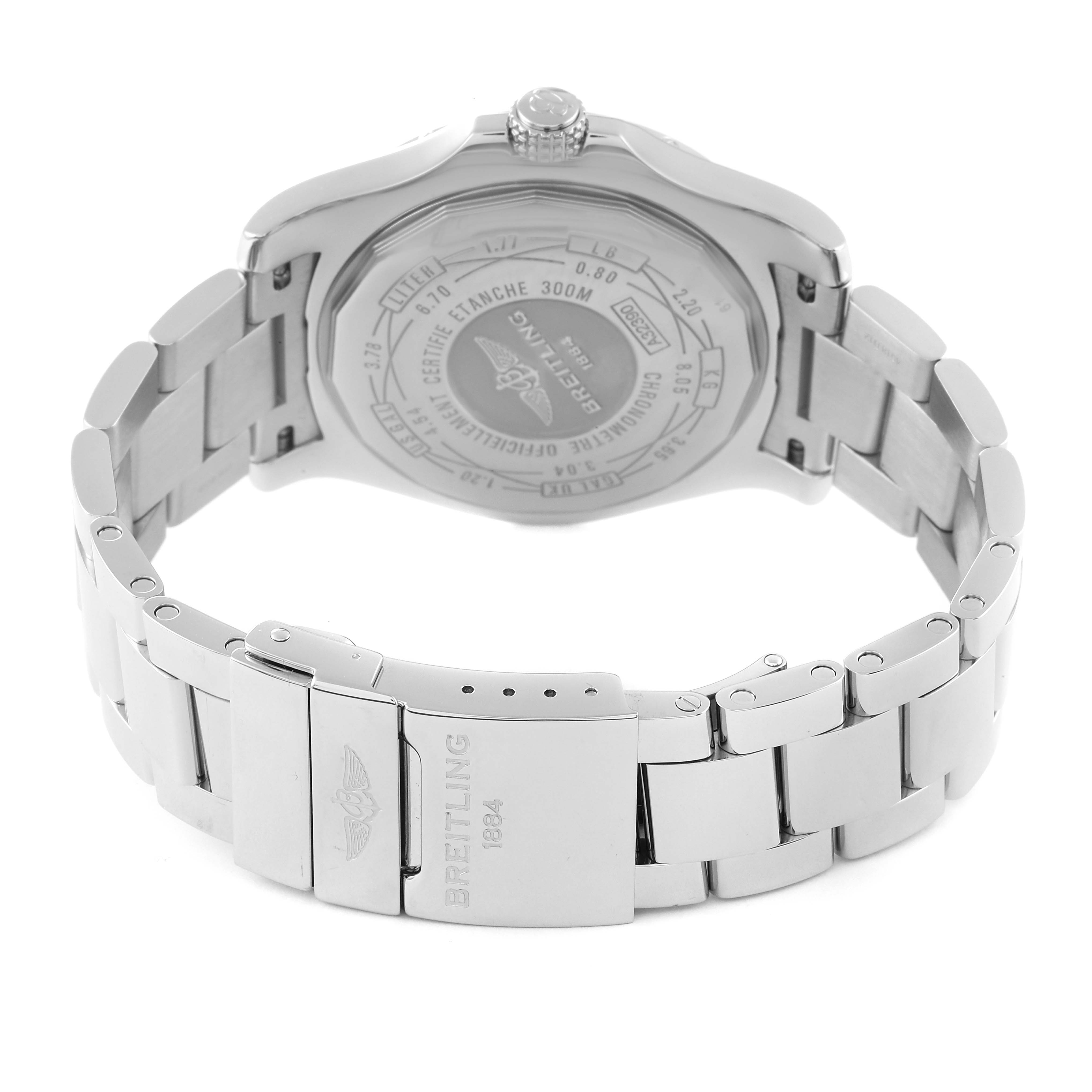 The image shows the back casing and stainless steel bracelet of a Breitling Avenger A3239011-C872-170A Men's Stainless Steel Mother of Pearl Dial A3239011-C872-170A Men's Stainless Steel Mother of Pearl Dial watch.