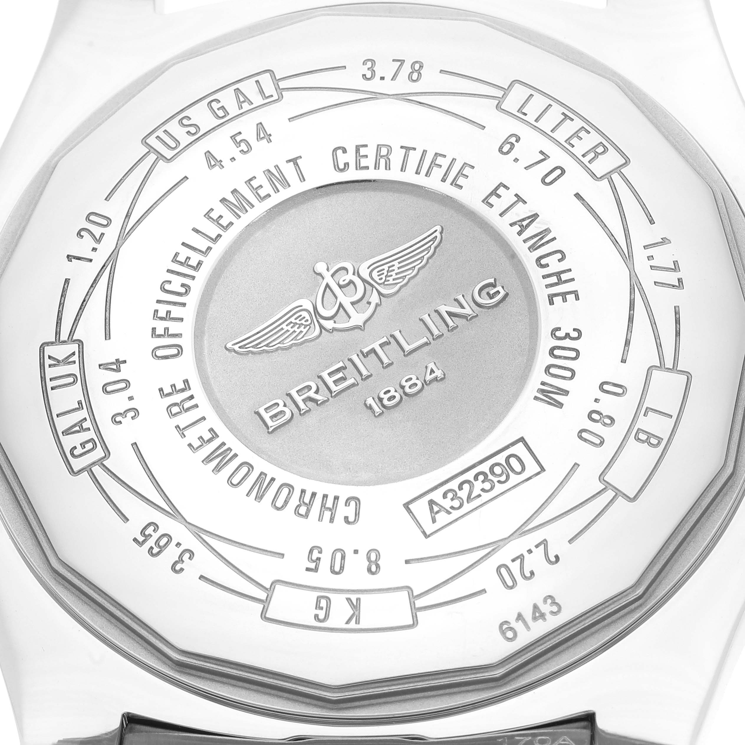 The image shows the backside of a Breitling Avenger A3239011-C872-170A Men's Stainless Steel Mother of Pearl Dial A3239011-C872-170A Men's Stainless Steel Mother of Pearl Dial watch, focusing on the engravings and certifications.