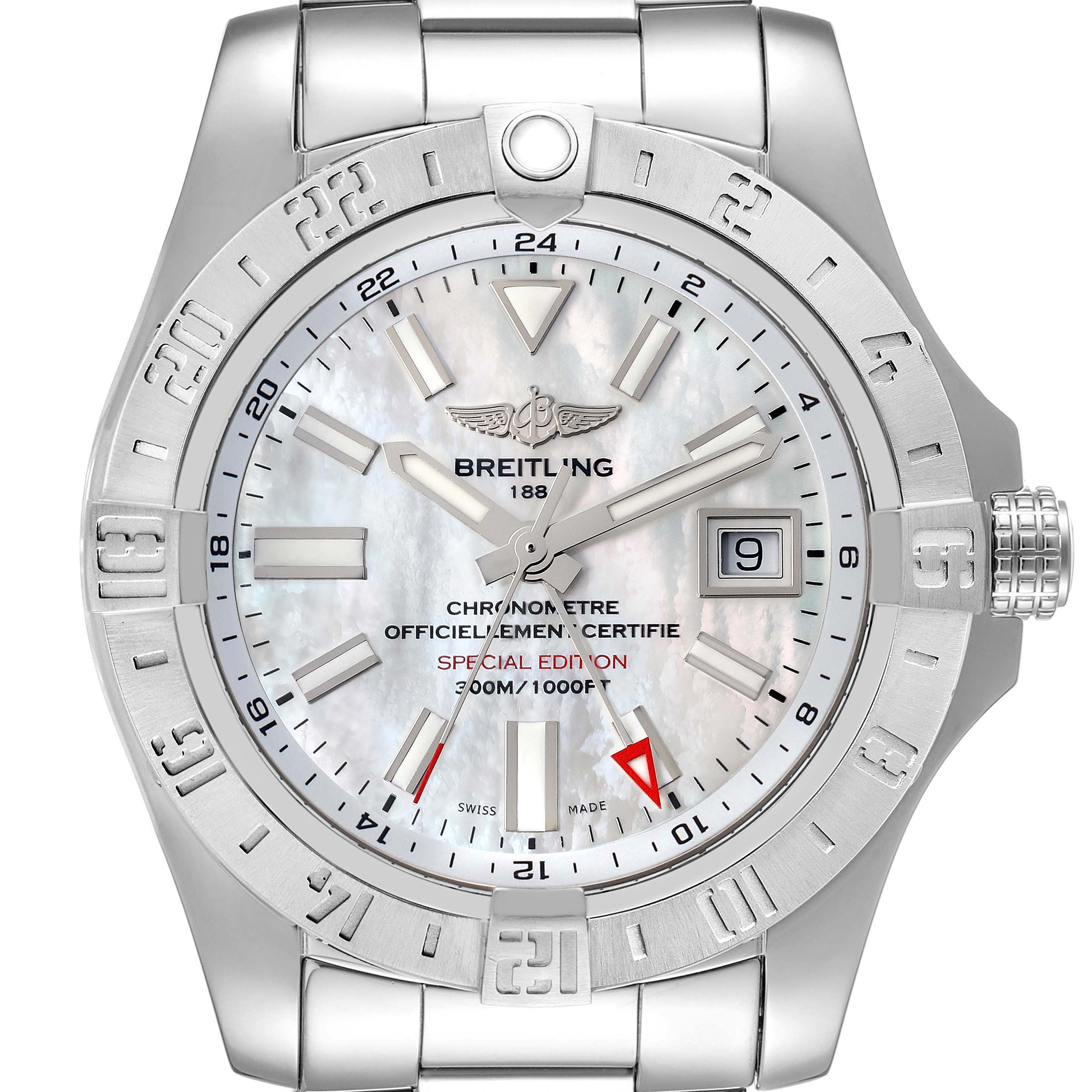 This image shows a front view of the Breitling Avenger A3239011-C872-170A Men's Stainless Steel Mother of Pearl Dial A3239011-C872-170A Men's Stainless Steel Mother of Pearl Dial model watch, highlighting the dial, bezel, and date window.