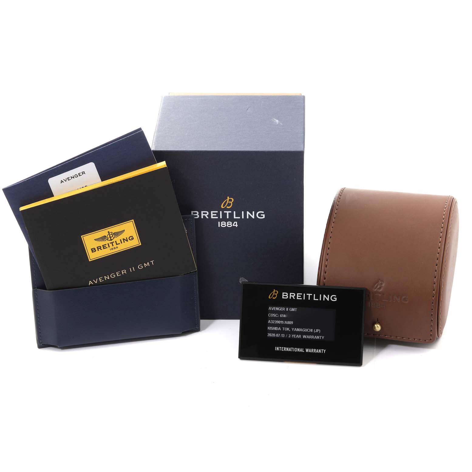 The image shows the packaging, manual, warranty card, and a brown leather case for the Breitling Avenger A3239011-C872-170A Men's Stainless Steel Mother of Pearl Dial A3239011-C872-170A Men's Stainless Steel Mother of Pearl Dial model.