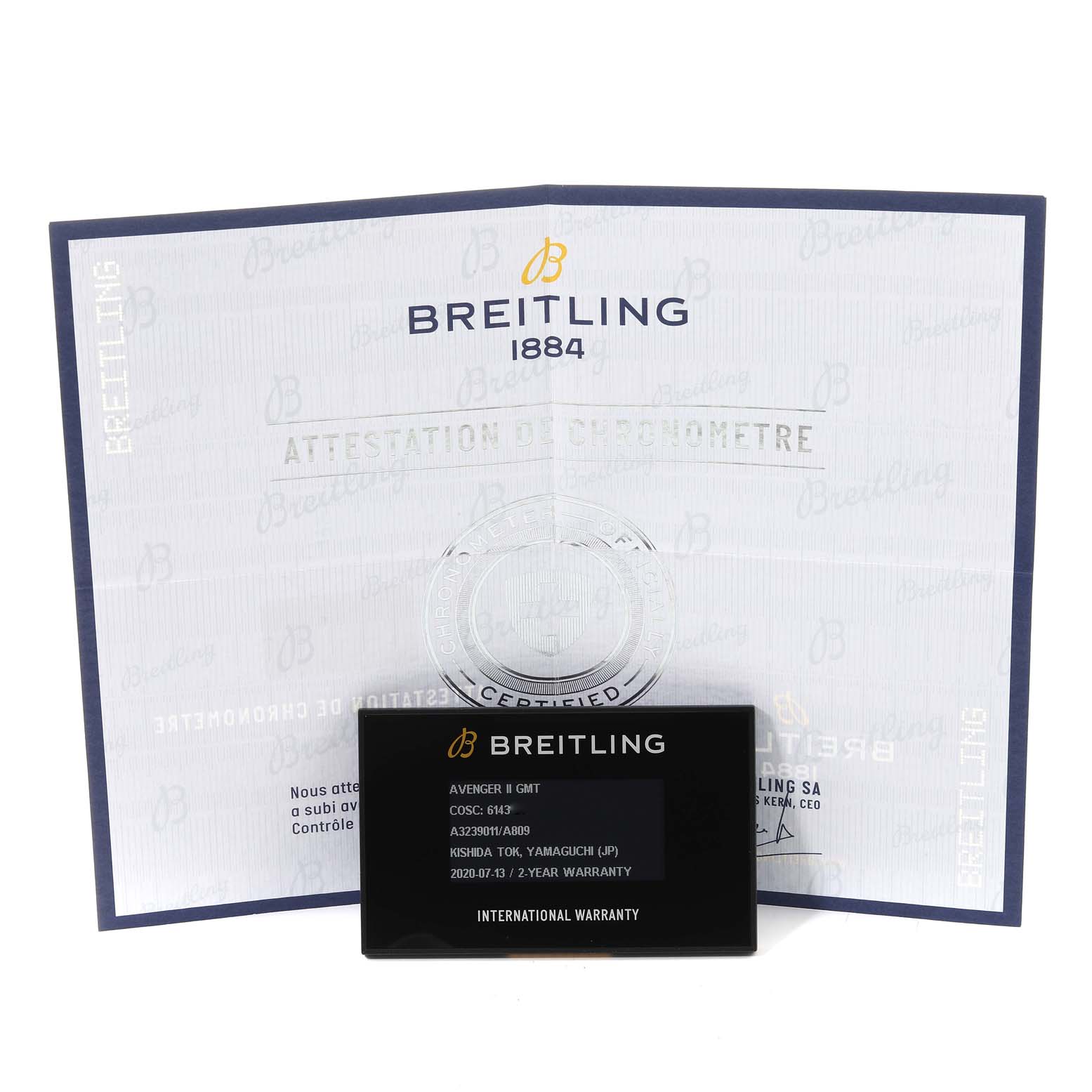 The image shows the warranty card and certificate for a Breitling Avenger A3239011-C872-170A Men's Stainless Steel Mother of Pearl Dial A3239011-C872-170A Men's Stainless Steel Mother of Pearl Dial II GMT watch.