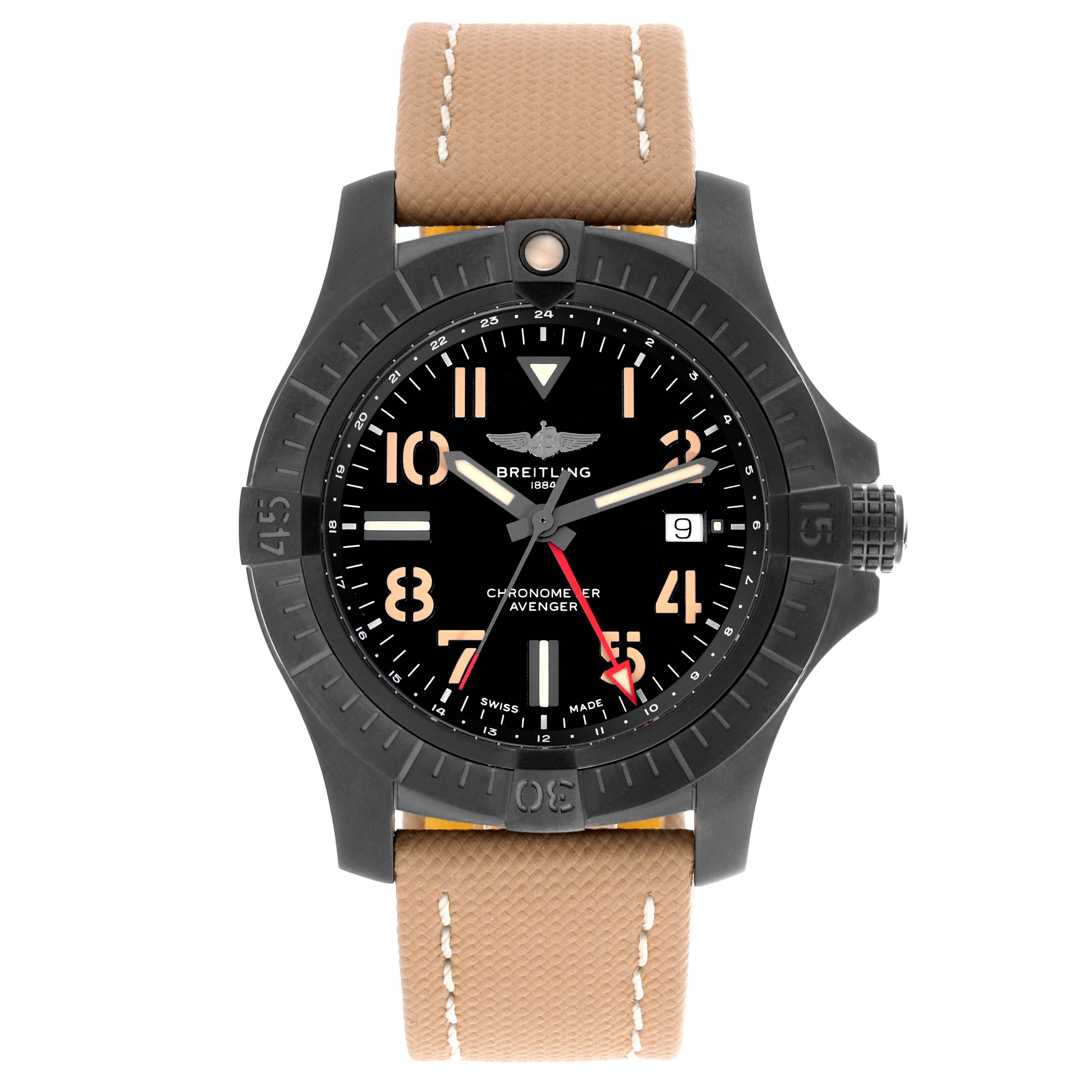 The Breitling Avenger V32395101B1X1 Men's Titanium Black Dial V32395101B1X1 Men's Titanium Black Dial watch is shown from the front, displaying the face, bezel, crown, and full leather strap.