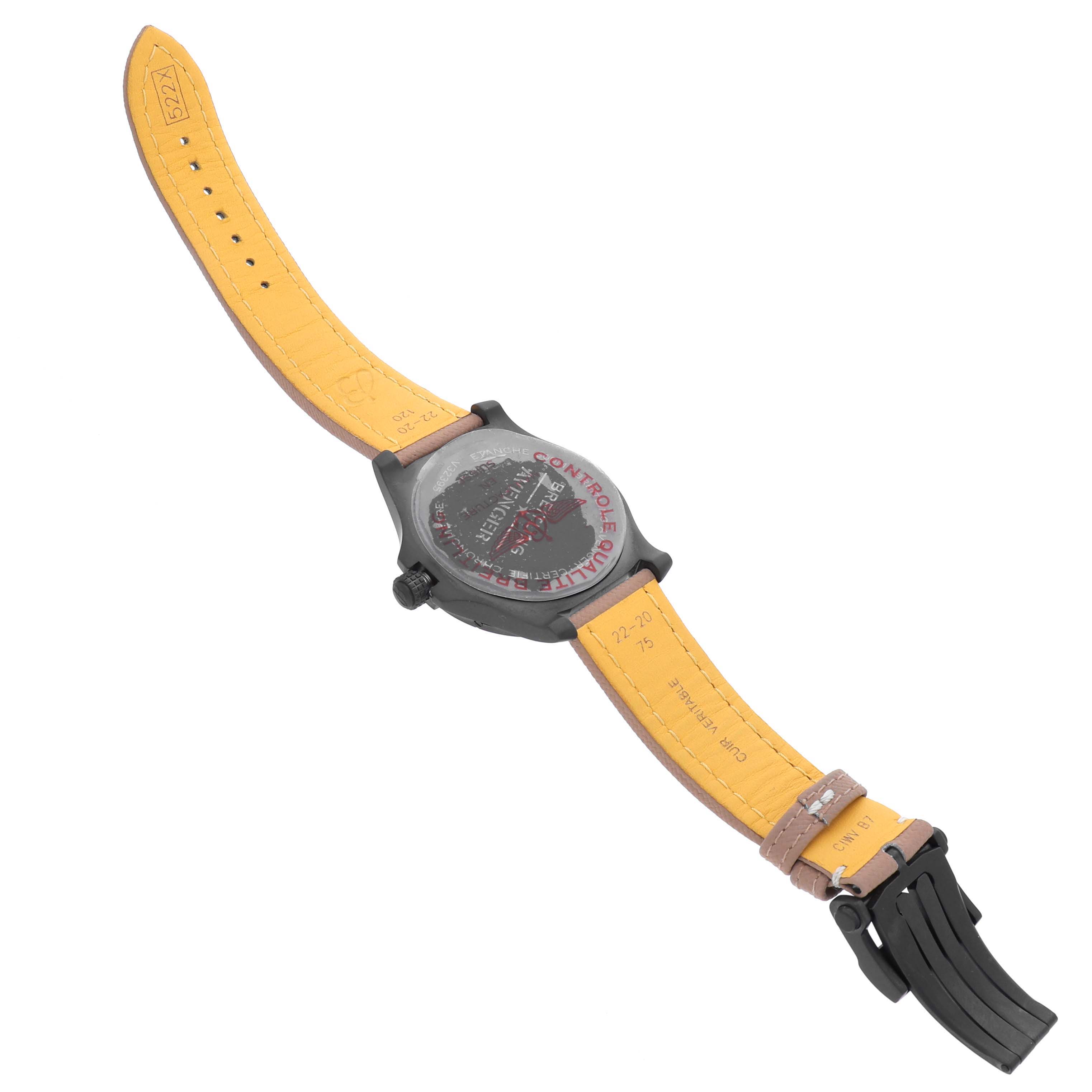 The image shows the back view of a Breitling Avenger V32395101B1X1 Men's Titanium Black Dial V32395101B1X1 Men's Titanium Black Dial watch with its strap fully visible, showcasing the clasp and caseback details.