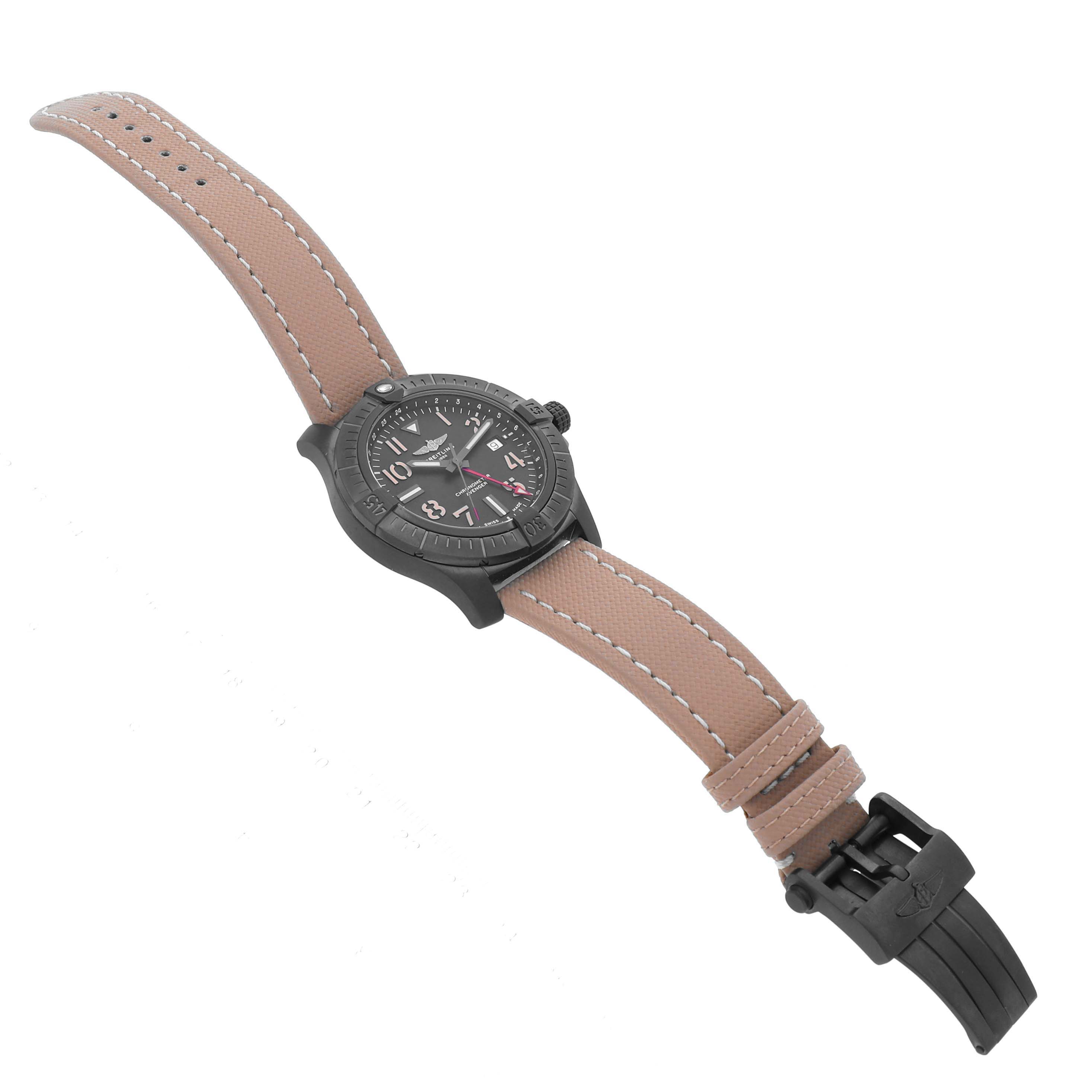 The Breitling Avenger V32395101B1X1 Men's Titanium Black Dial V32395101B1X1 Men's Titanium Black Dial watch is shown from a top angle, featuring its face, bezel, and full strap with stitching detail.