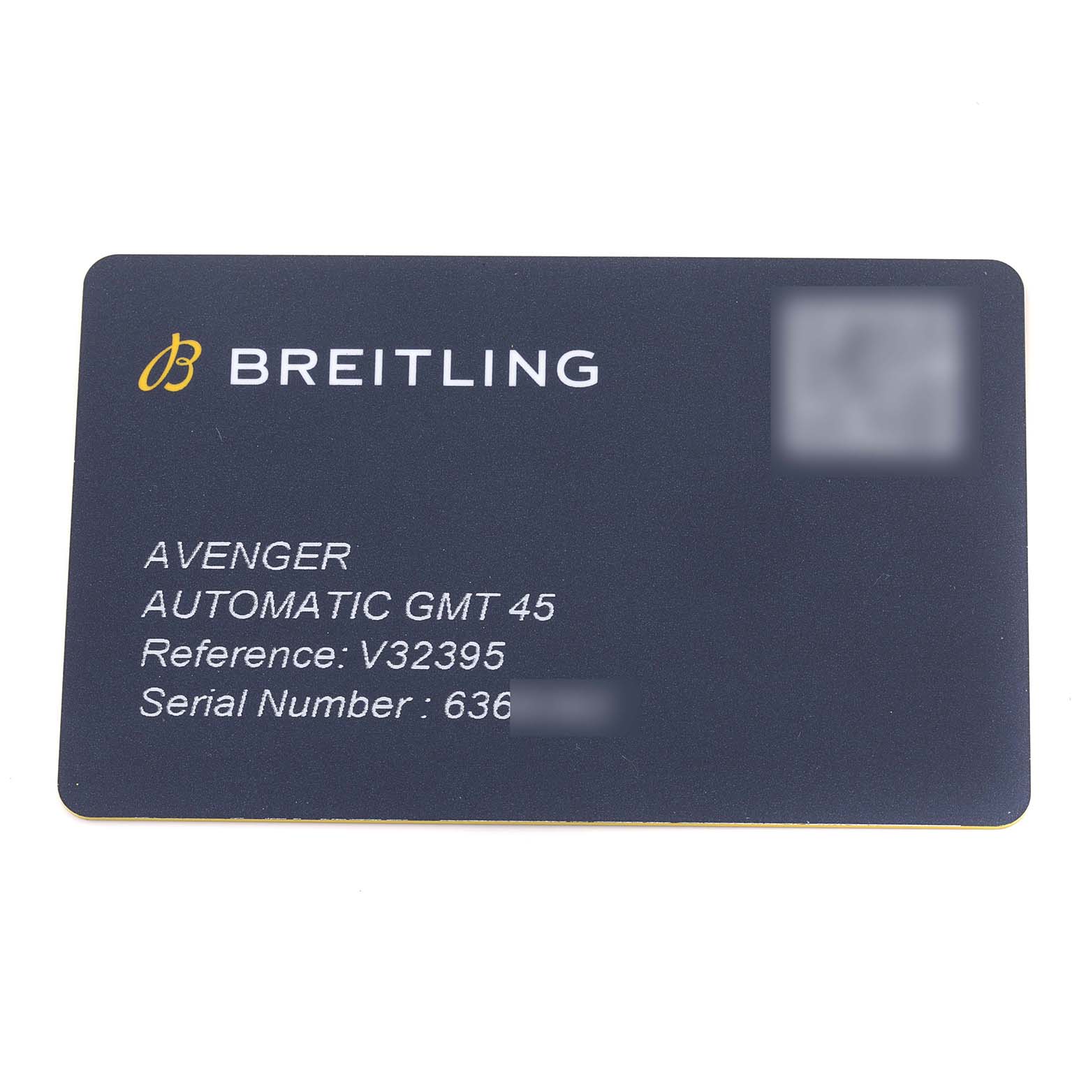 This image shows a warranty card for the Breitling Avenger V32395101B1X1 Men's Titanium Black Dial V32395101B1X1 Men's Titanium Black Dial Automatic GMT 45, displaying model and serial information.