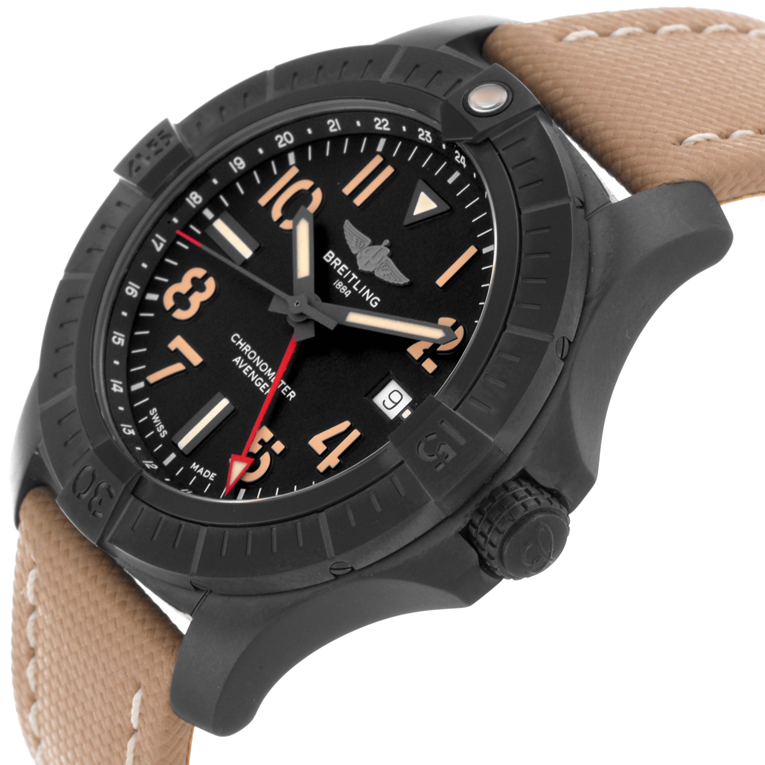 The Breitling Avenger V32395101B1X1 Men's Titanium Black Dial V32395101B1X1 Men's Titanium Black Dial watch is shown at an angle highlighting the face, bezel, crown, and part of the strap.