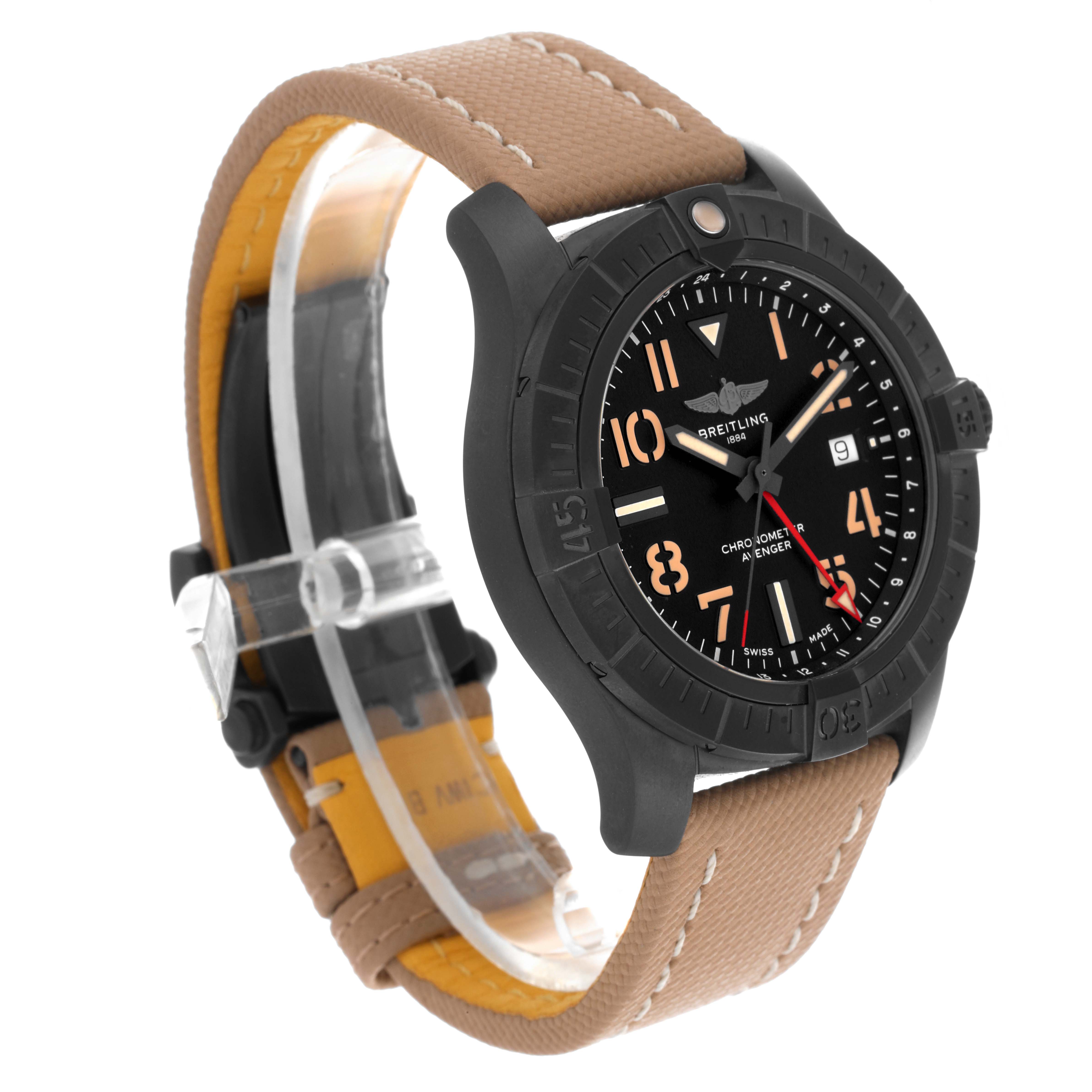 The Breitling Avenger V32395101B1X1 Men's Titanium Black Dial V32395101B1X1 Men's Titanium Black Dial watch is shown at a three-quarter angle, highlighting the face, bezel, and tan leather strap.