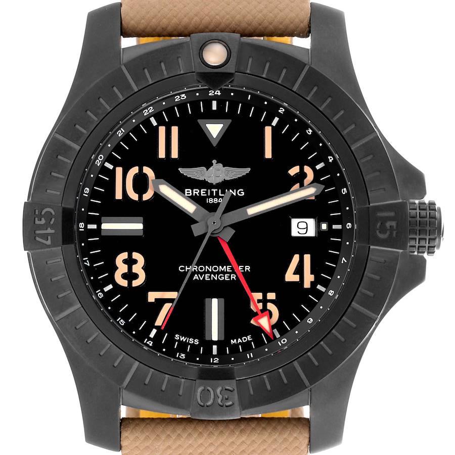 The Breitling Avenger watch is shown from the front, displaying the dial, hands, bezel, and part of the strap.
