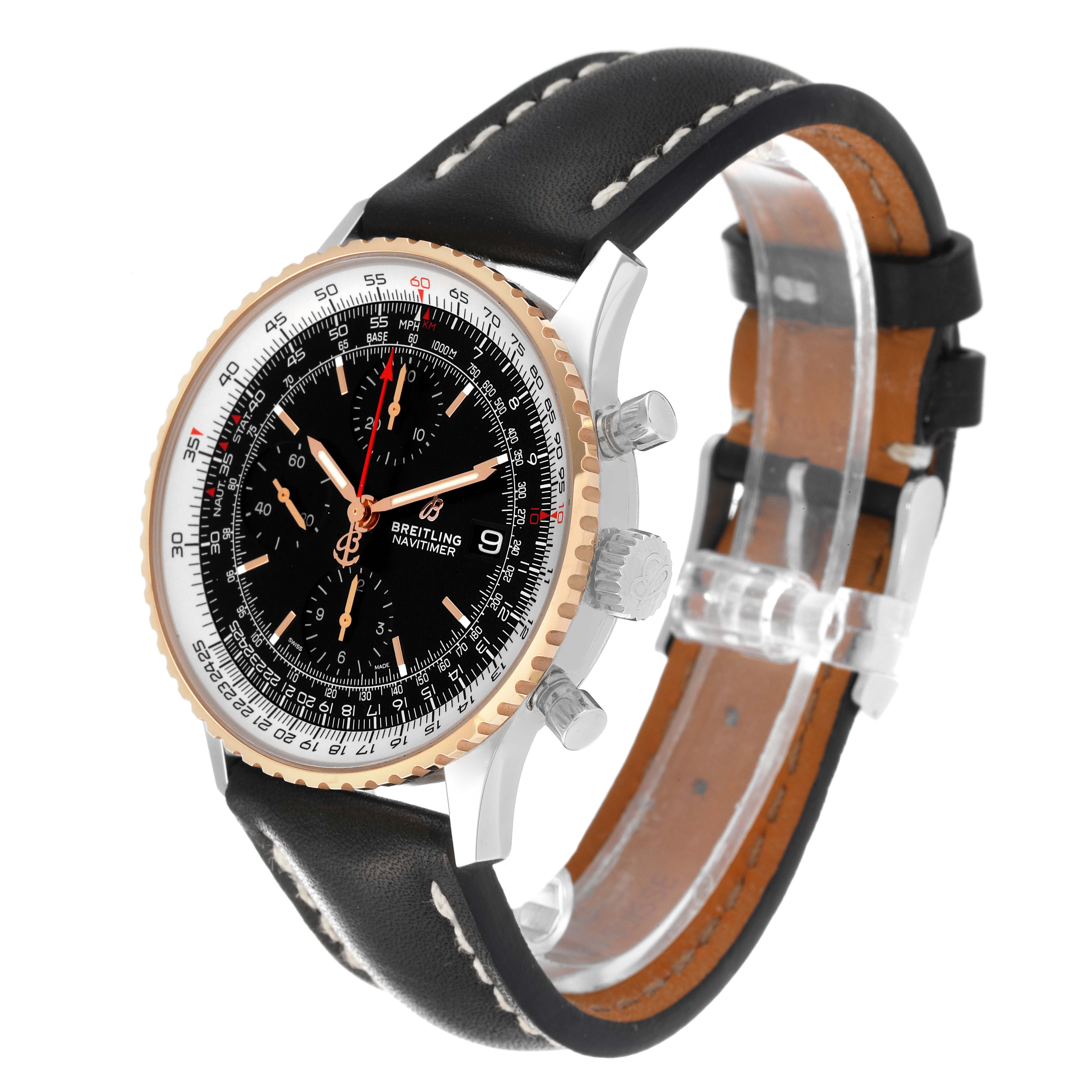 The image shows a Breitling Navitimer U13324211B1X1 Men
s Steel and Gold (two tone) Black Dial U13324211B1X1 Men
s Steel and Gold (two tone) Black Dial watch angled to display the dial, bezel, crown, and leather strap.