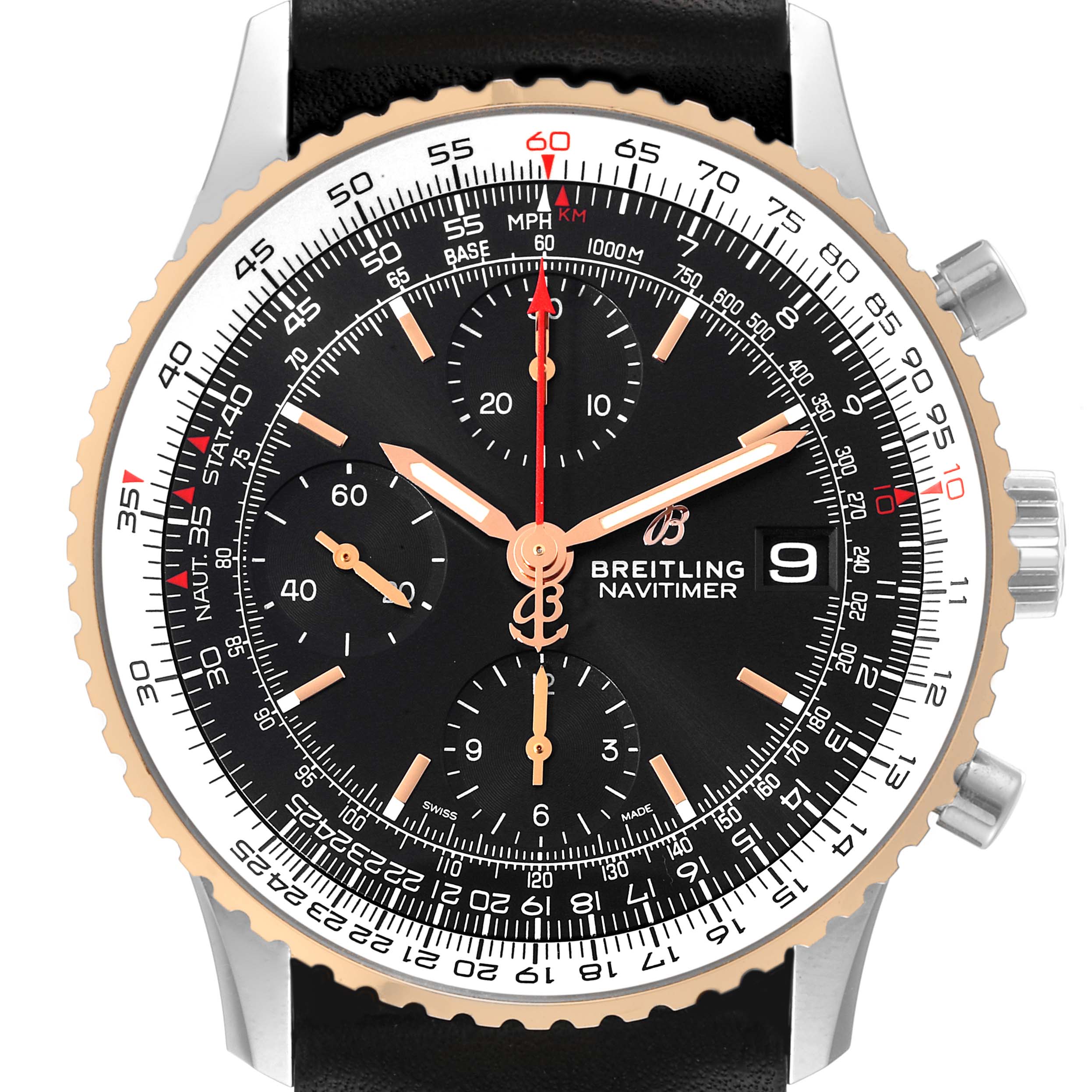 The image shows the Breitling Navitimer U13324211B1X1 Men
s Steel and Gold (two tone) Black Dial U13324211B1X1 Men
s Steel and Gold (two tone) Black Dial watch face from a straight-on angle, highlighting the dial, bezel, and chronograph subdials.