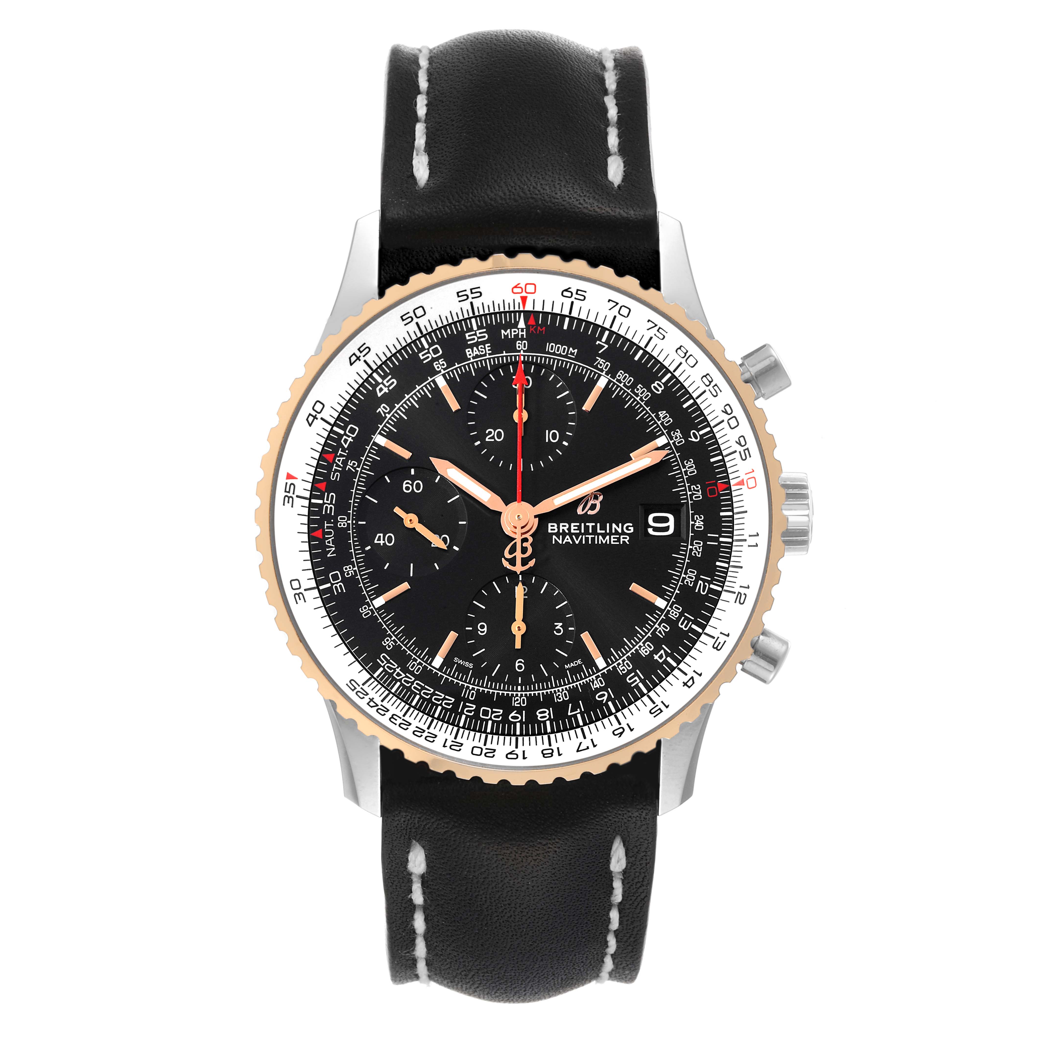 The image shows a frontal view of a Breitling Navitimer U13324211B1X1 Men
s Steel and Gold (two tone) Black Dial U13324211B1X1 Men
s Steel and Gold (two tone) Black Dial watch with a black dial, black leather strap, and chronograph functions.
