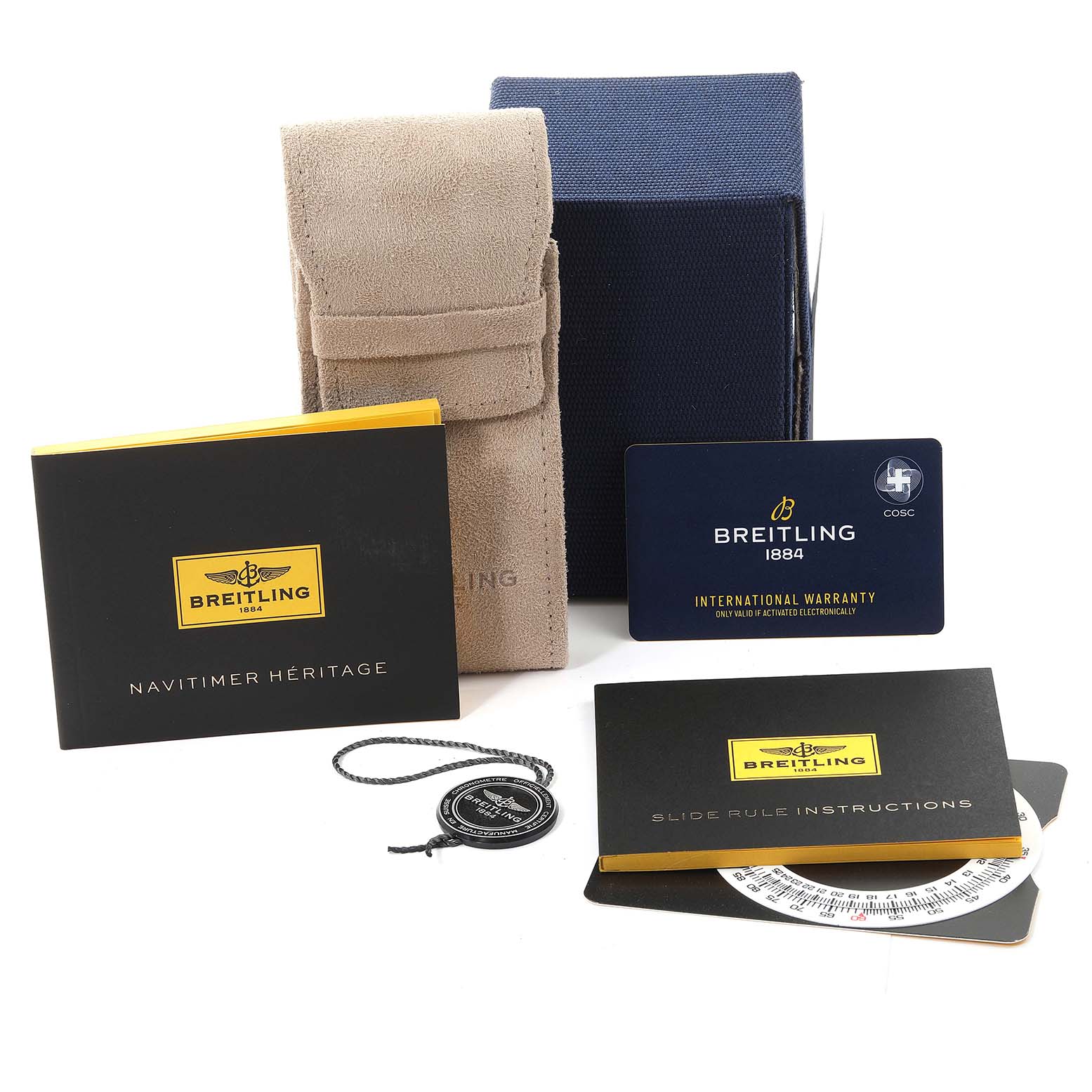 The image shows a Breitling Navitimer U13324211B1X1 Men
s Steel and Gold (two tone) Black Dial U13324211B1X1 Men
s Steel and Gold (two tone) Black Dial
s case, warranty card, manuals, and accessories from a frontal angle.