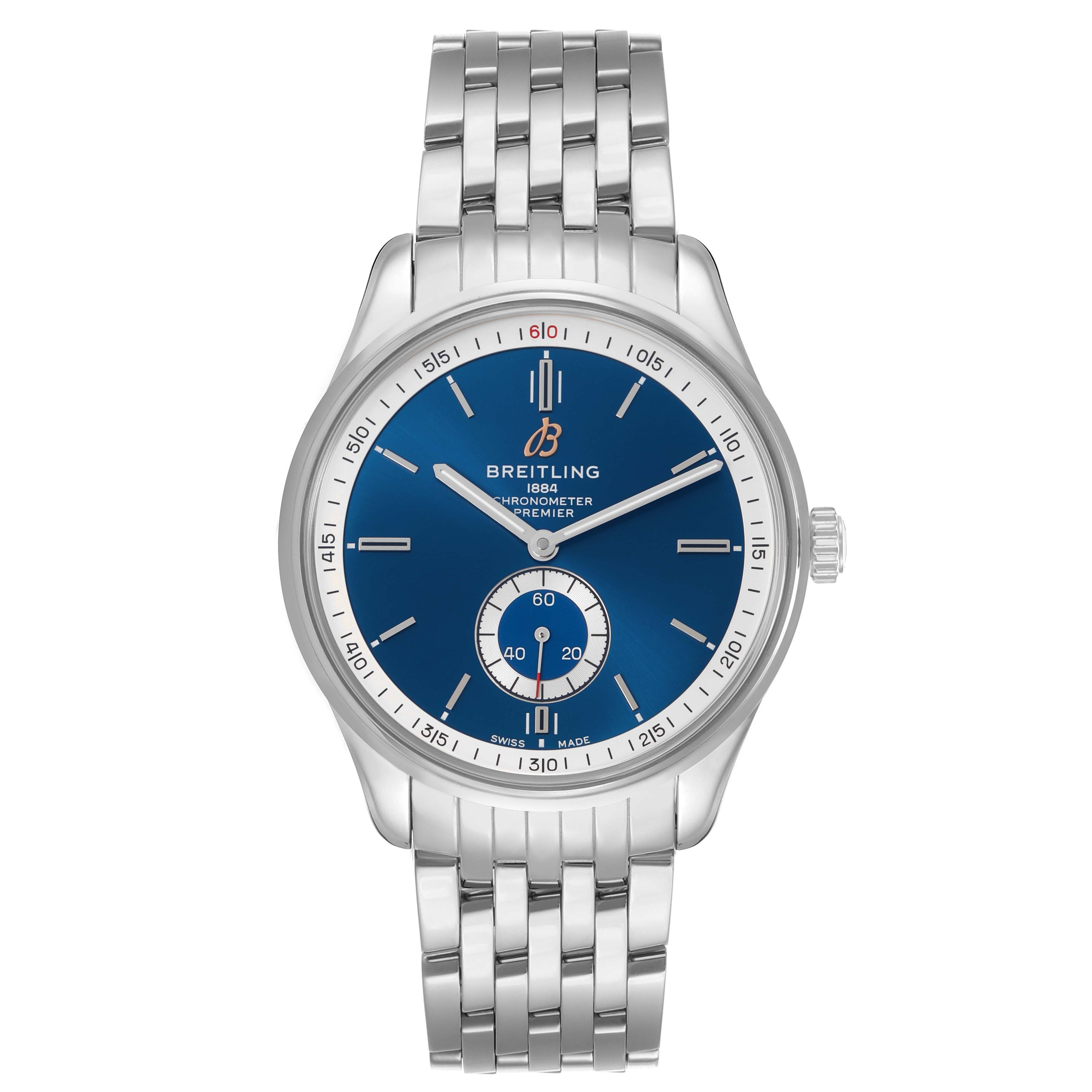The Breitling Premier A37340 Men's Stainless Steel Blue Dial watch is shown from the front, highlighting its blue dial, silver bracelet, and subdial.