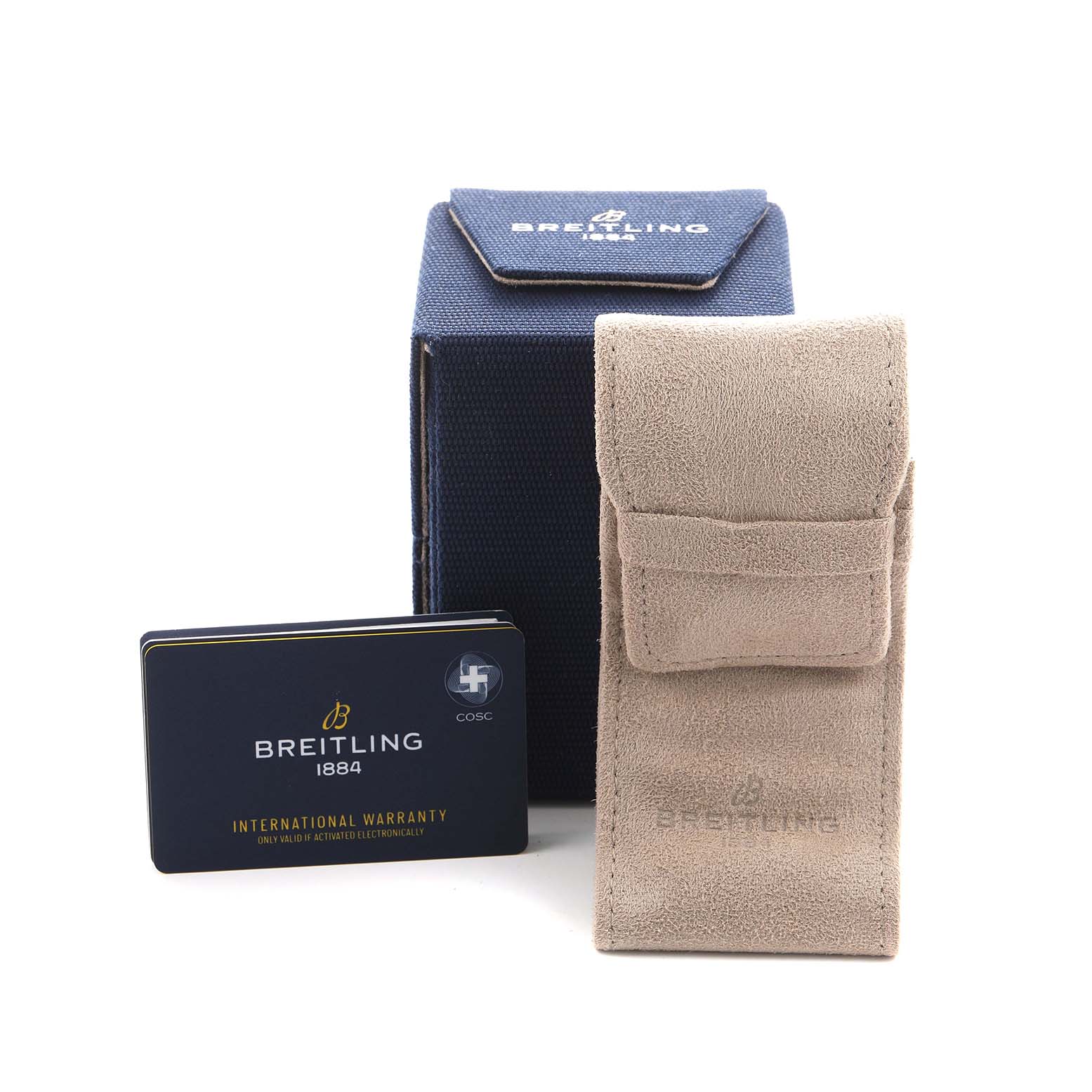 The image shows a Breitling Premier A37340 Men's Stainless Steel Blue Dial watch box, a suede pouch, and an international warranty card.