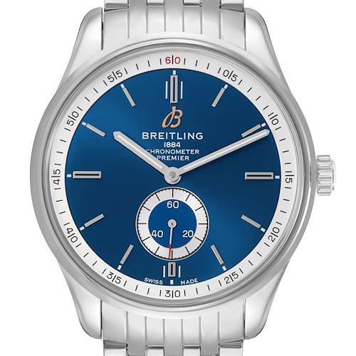 The image shows a Breitling Premier A37340 Men's Stainless Steel Blue Dial watch face with a blue dial, chronometer details, and a metal bracelet, viewed from the front.