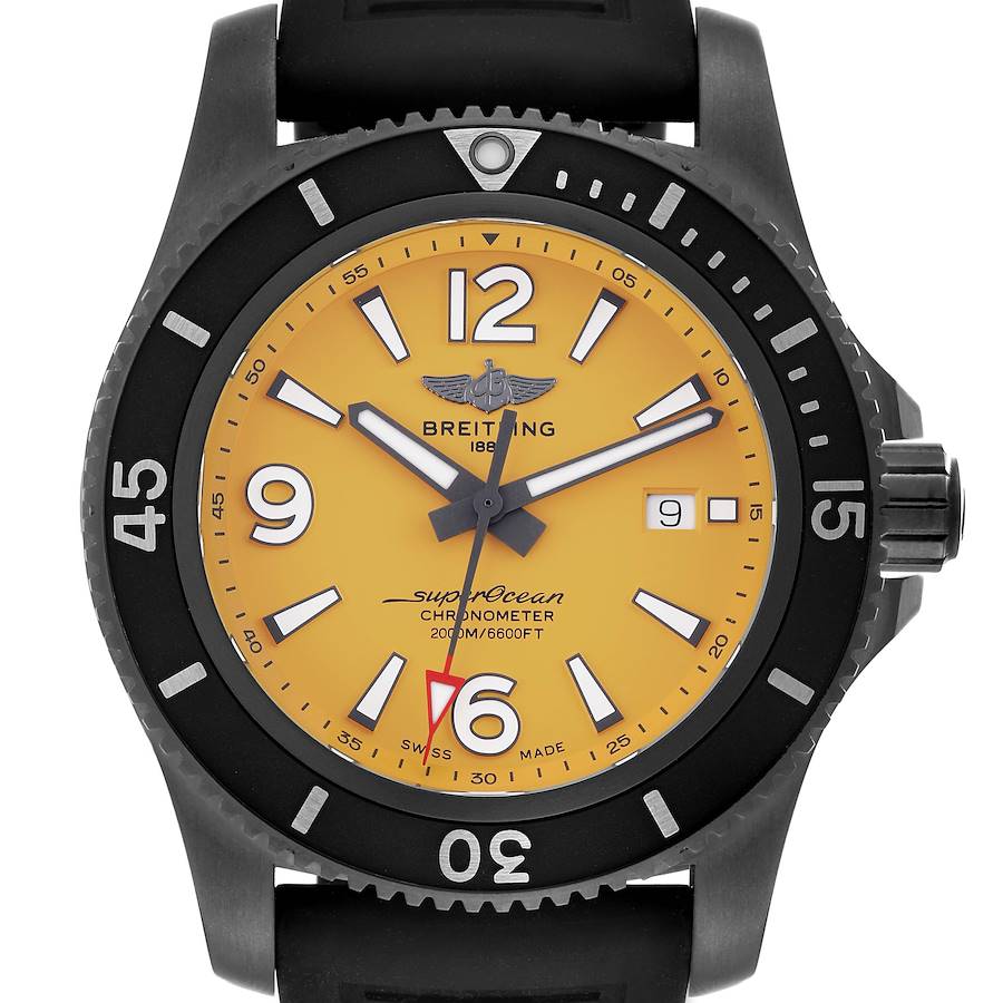 The Breitling Superocean watch is shown from the front, highlighting the face, bezel, and crown.