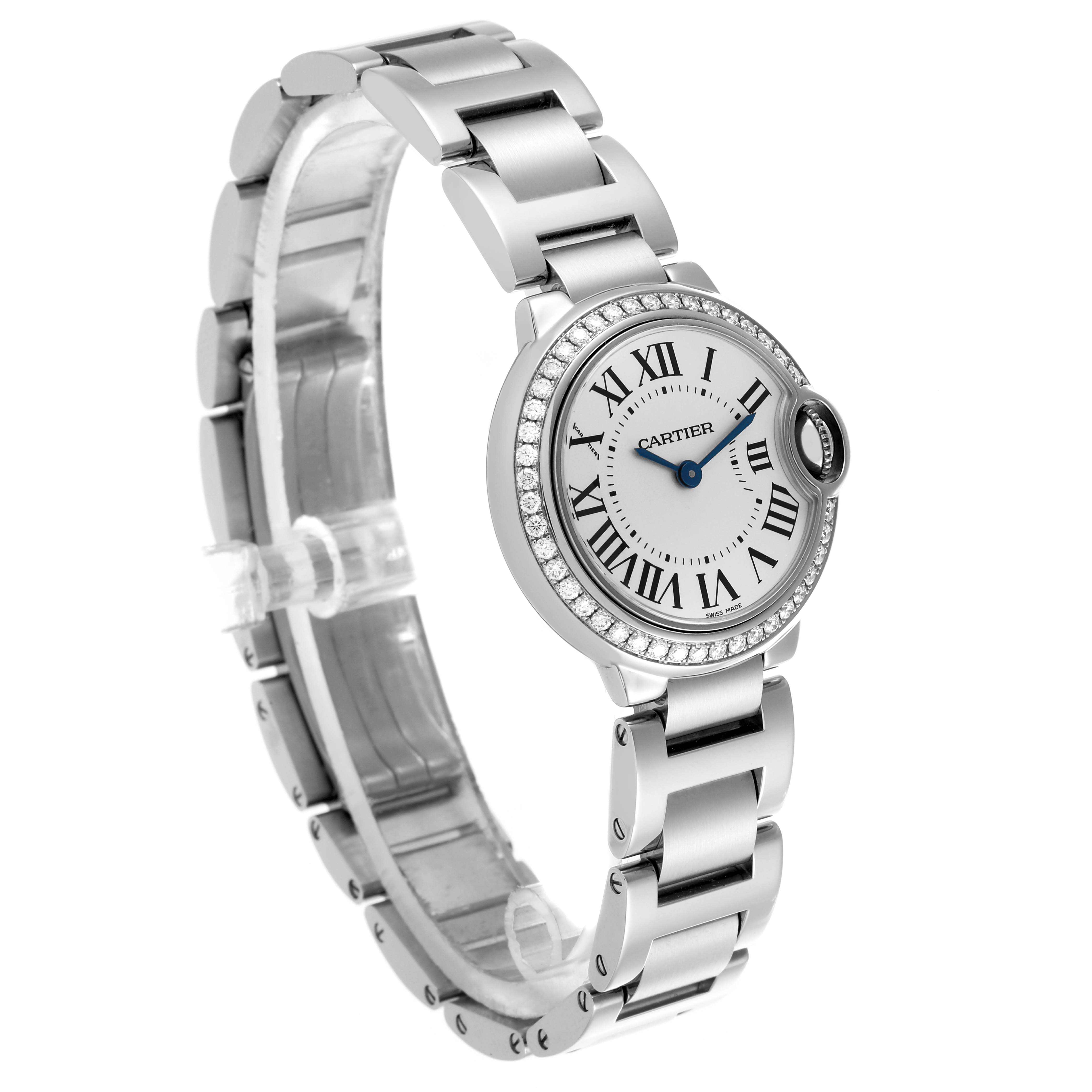 The Cartier Ballon Bleu W4BB0015 Women's Stainless Steel Silver Dial W4BB0015 Women's Stainless Steel Silver Dial watch is shown at a three-quarter angle, highlighting its face, bezel, and bracelet.