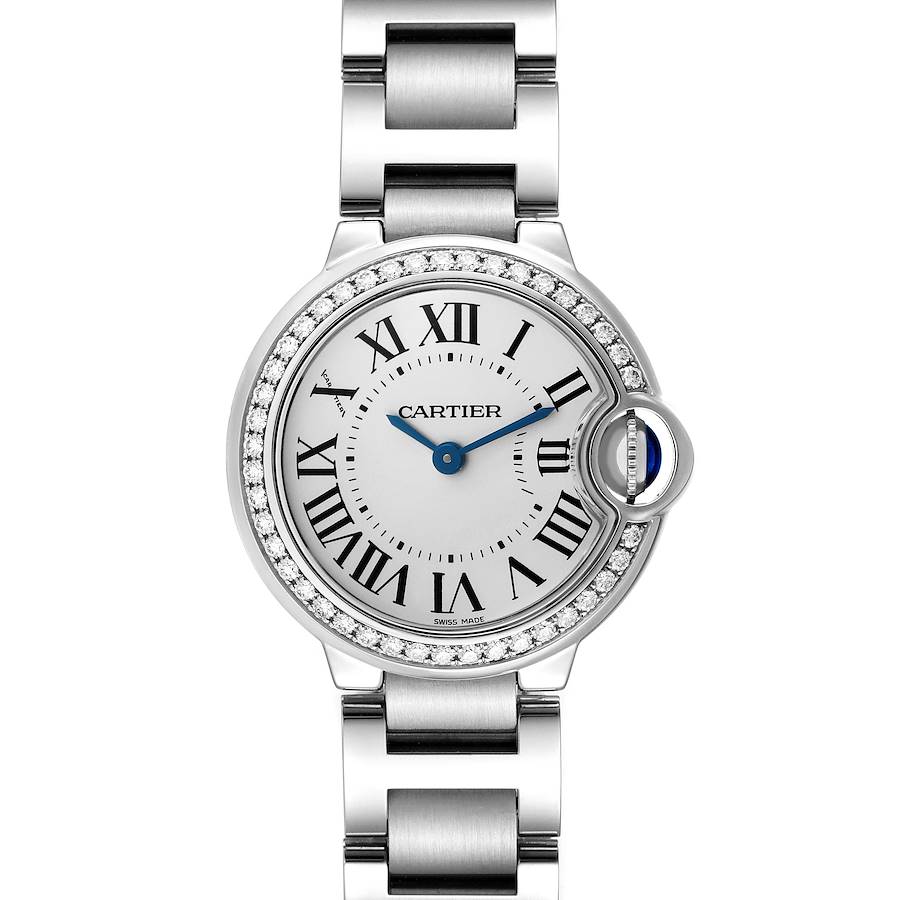 The image shows a front view of the Cartier Ballon Bleu watch, highlighting its face, Roman numerals, and metal strap.