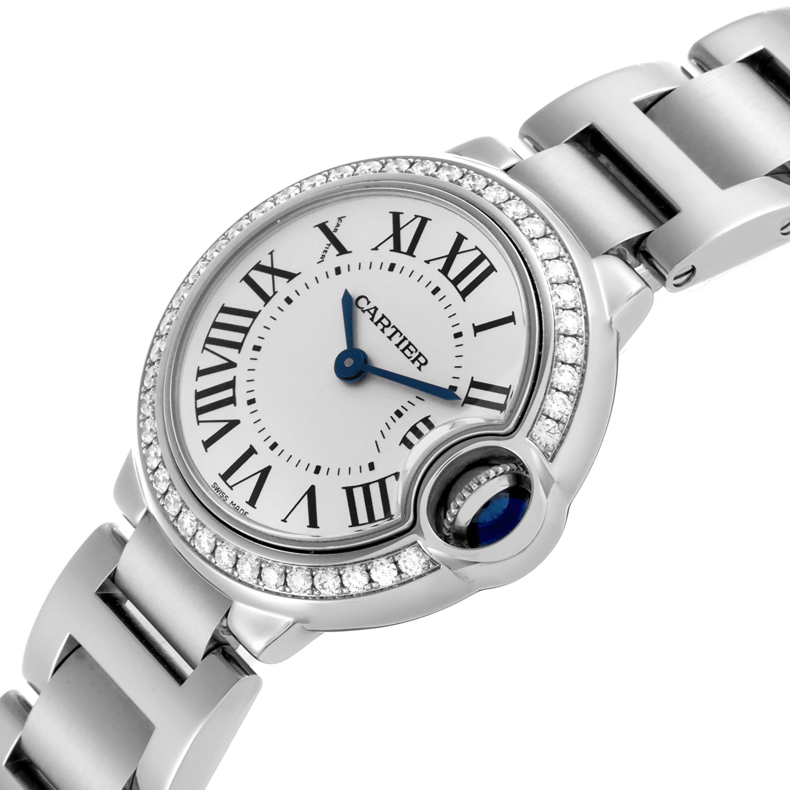 The Cartier Ballon Bleu W4BB0015 Women's Stainless Steel Silver Dial W4BB0015 Women's Stainless Steel Silver Dial watch is shown from an angled view, highlighting the face, bracelet, and crown.