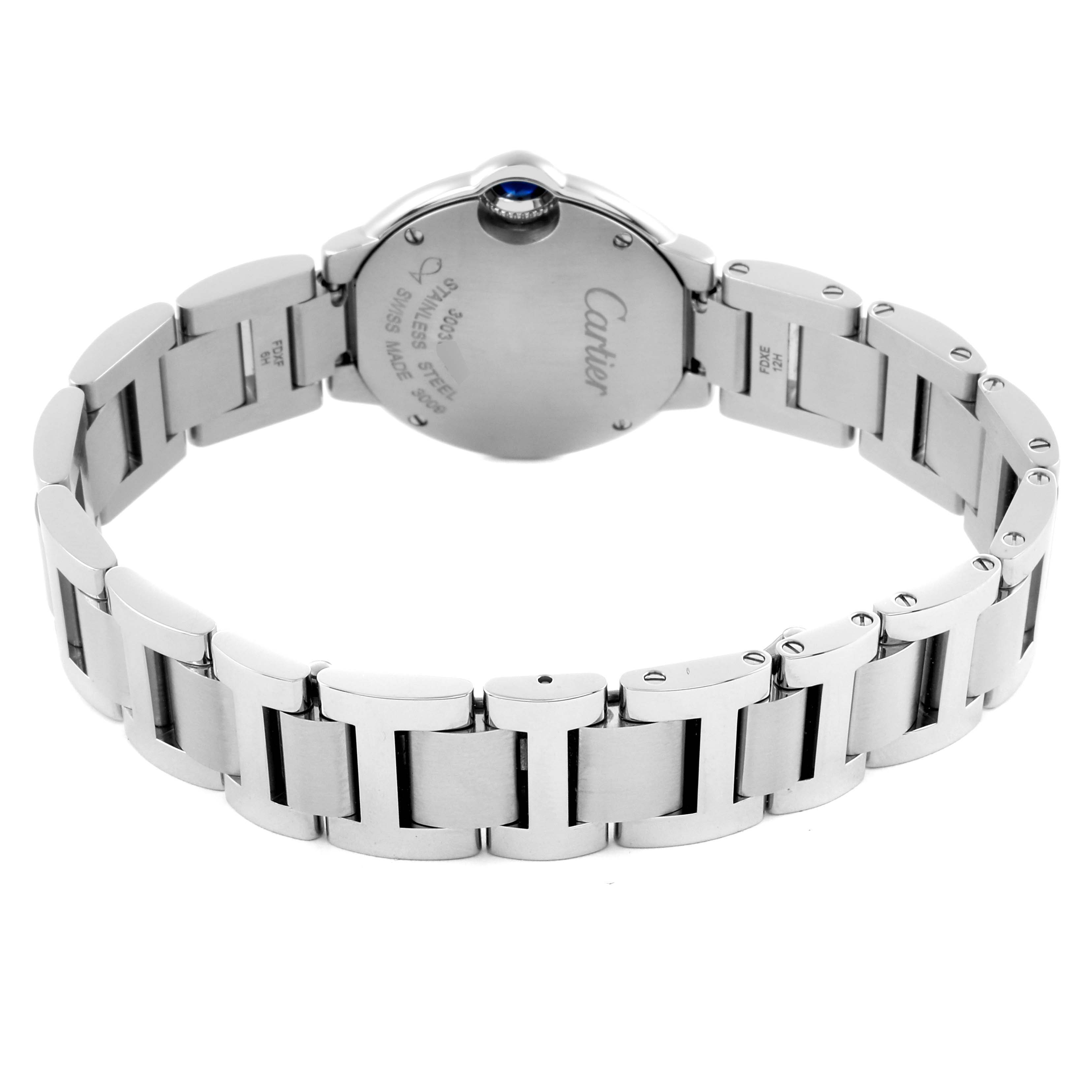 The image shows the back of a Cartier Ballon Bleu W4BB0015 Women's Stainless Steel Silver Dial W4BB0015 Women's Stainless Steel Silver Dial watch, highlighting the stainless steel case and bracelet.