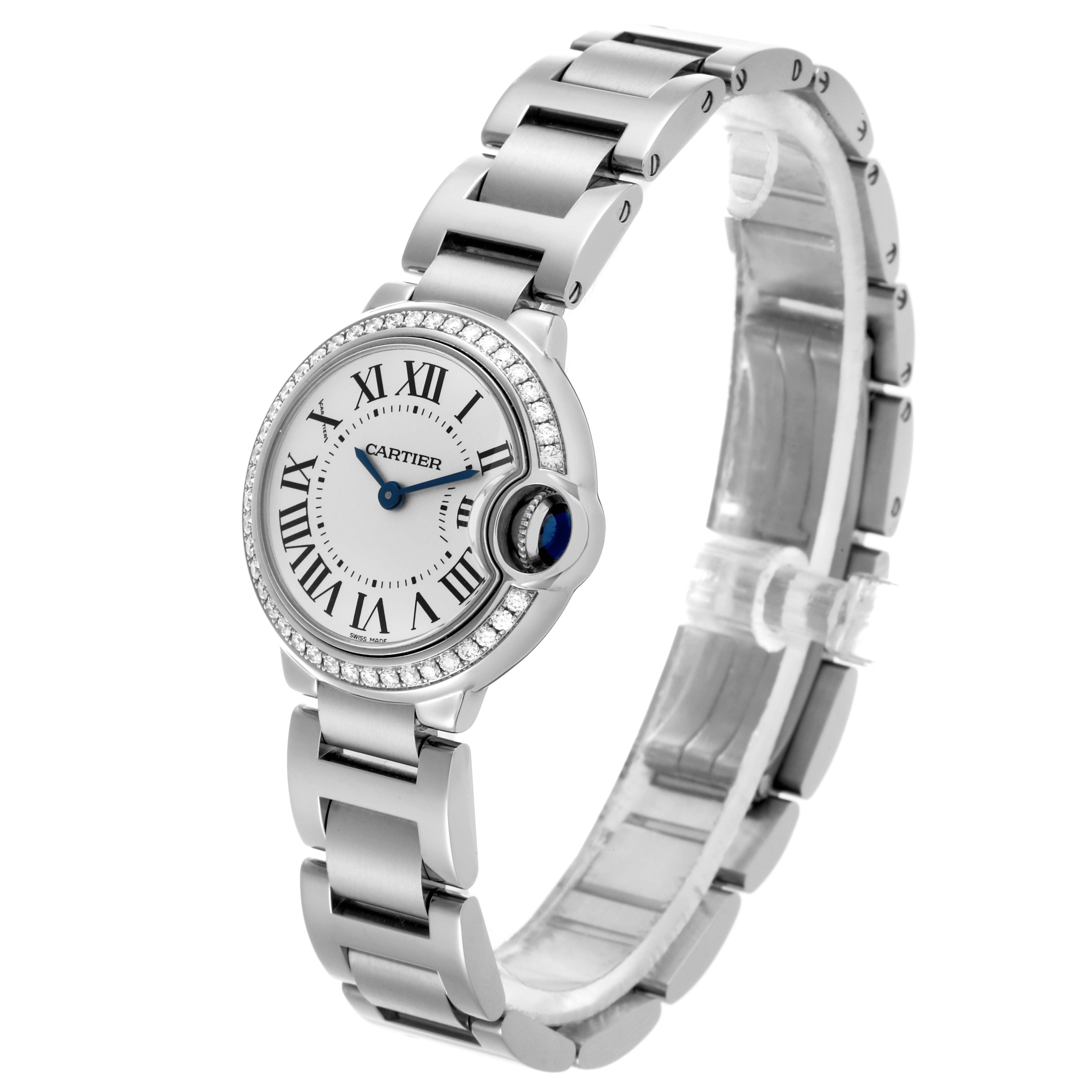 The Cartier Ballon Bleu W4BB0015 Women's Stainless Steel Silver Dial W4BB0015 Women's Stainless Steel Silver Dial watch is shown at a three-quarter angle, highlighting the face, bezel, and part of the bracelet.