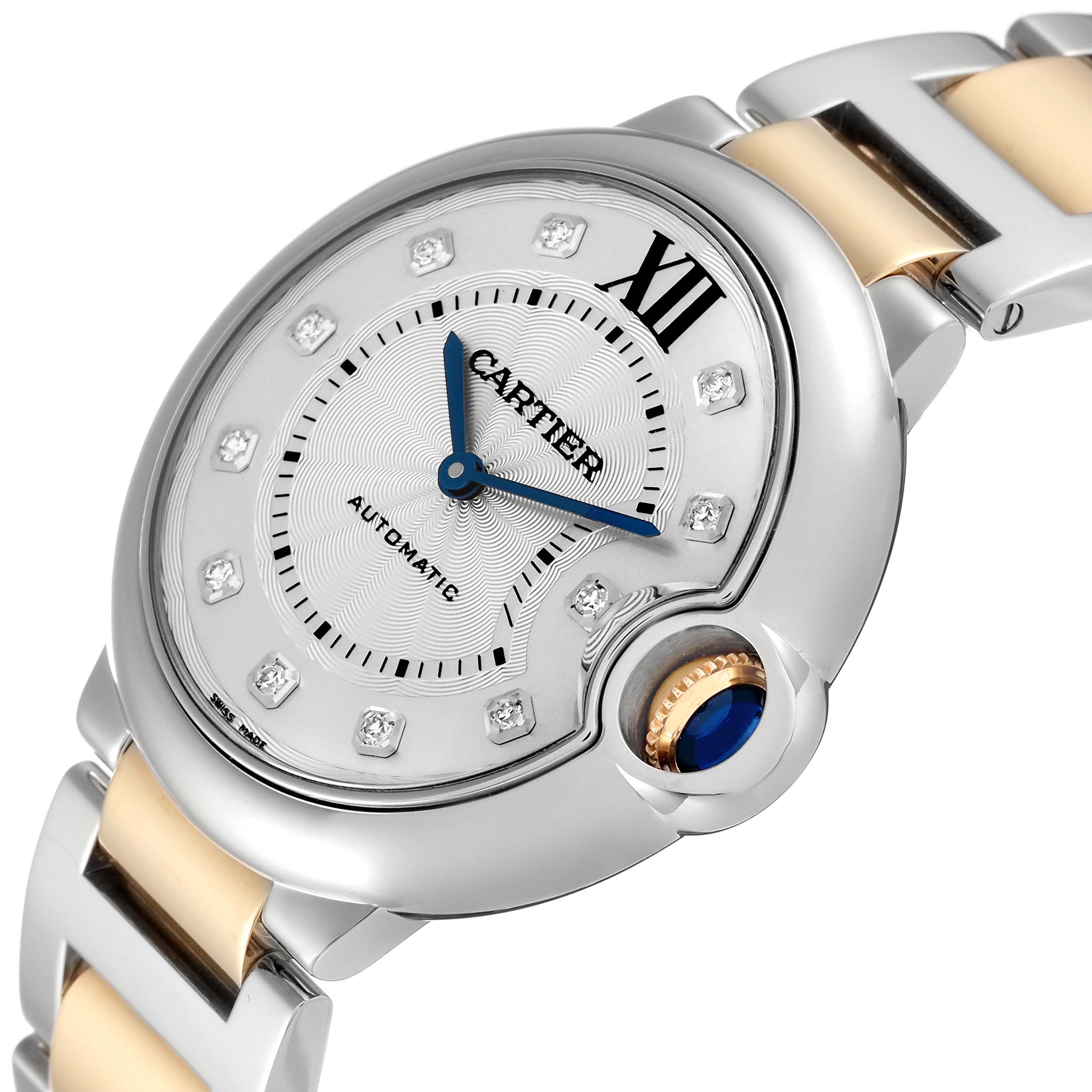 This image shows a close-up angle of a Cartier Ballon Bleu W3BB0018 Women's Steel and Gold (two tone) Silver Dial W3BB0018 Women's Steel and Gold (two tone) Silver Dial watch, highlighting the face, crown, and part of the bracelet.
