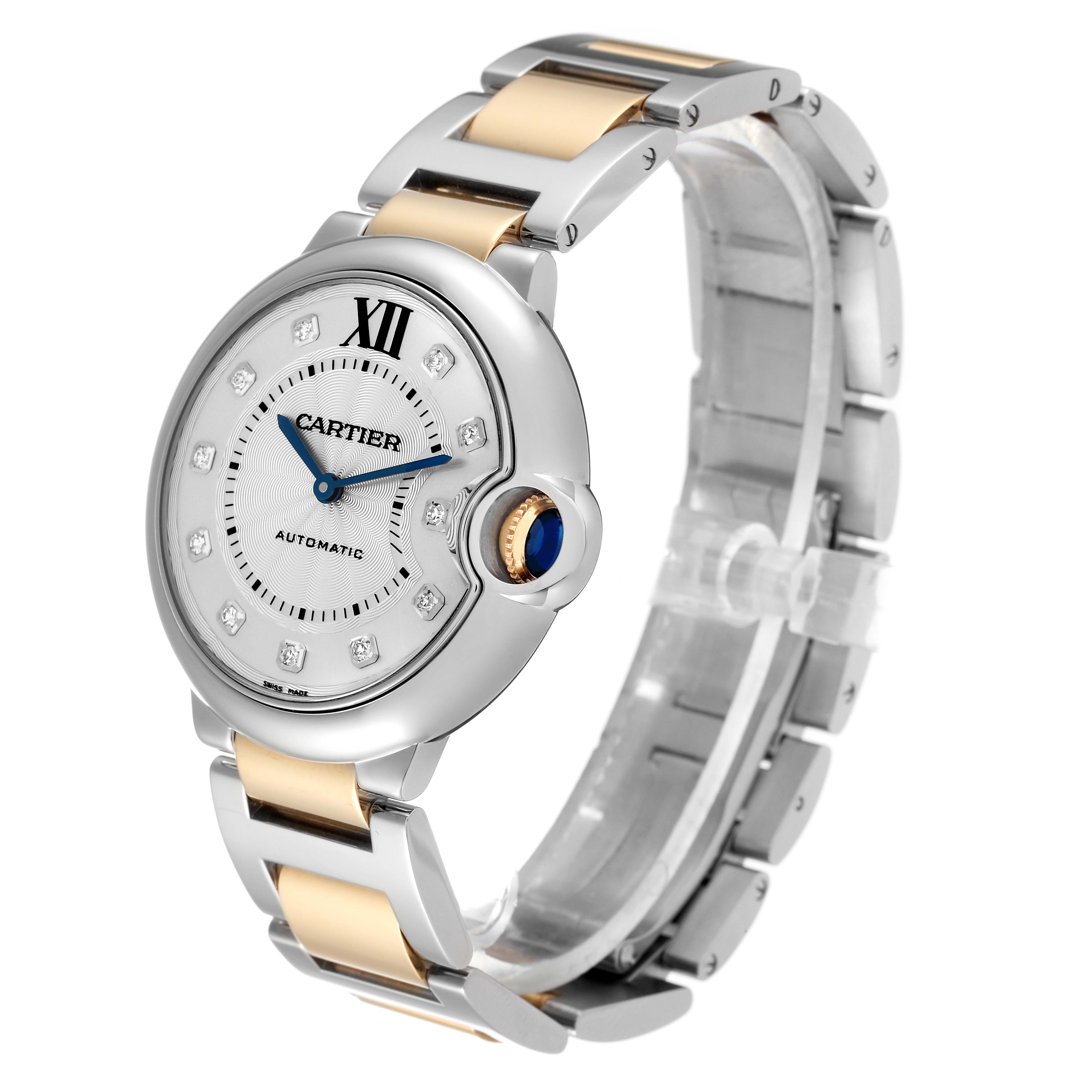 The image shows a side and top view of a Cartier Ballon Bleu W3BB0018 Women's Steel and Gold (two tone) Silver Dial W3BB0018 Women's Steel and Gold (two tone) Silver Dial watch, highlighting its face, crown, and bracelet.