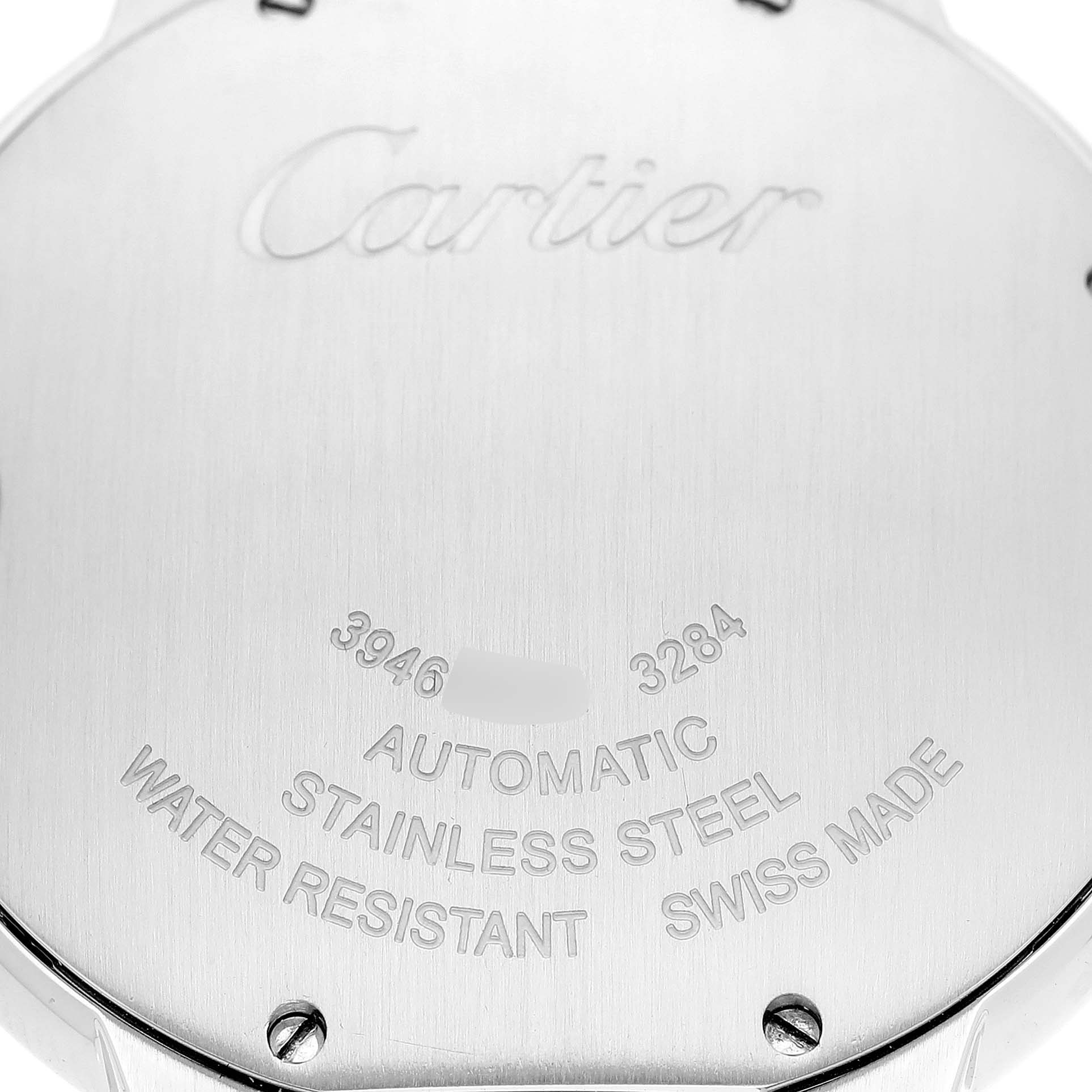 The image shows the back case of a Cartier Ballon Bleu W3BB0018 Women's Steel and Gold (two tone) Silver Dial W3BB0018 Women's Steel and Gold (two tone) Silver Dial watch, featuring engraved specifications.