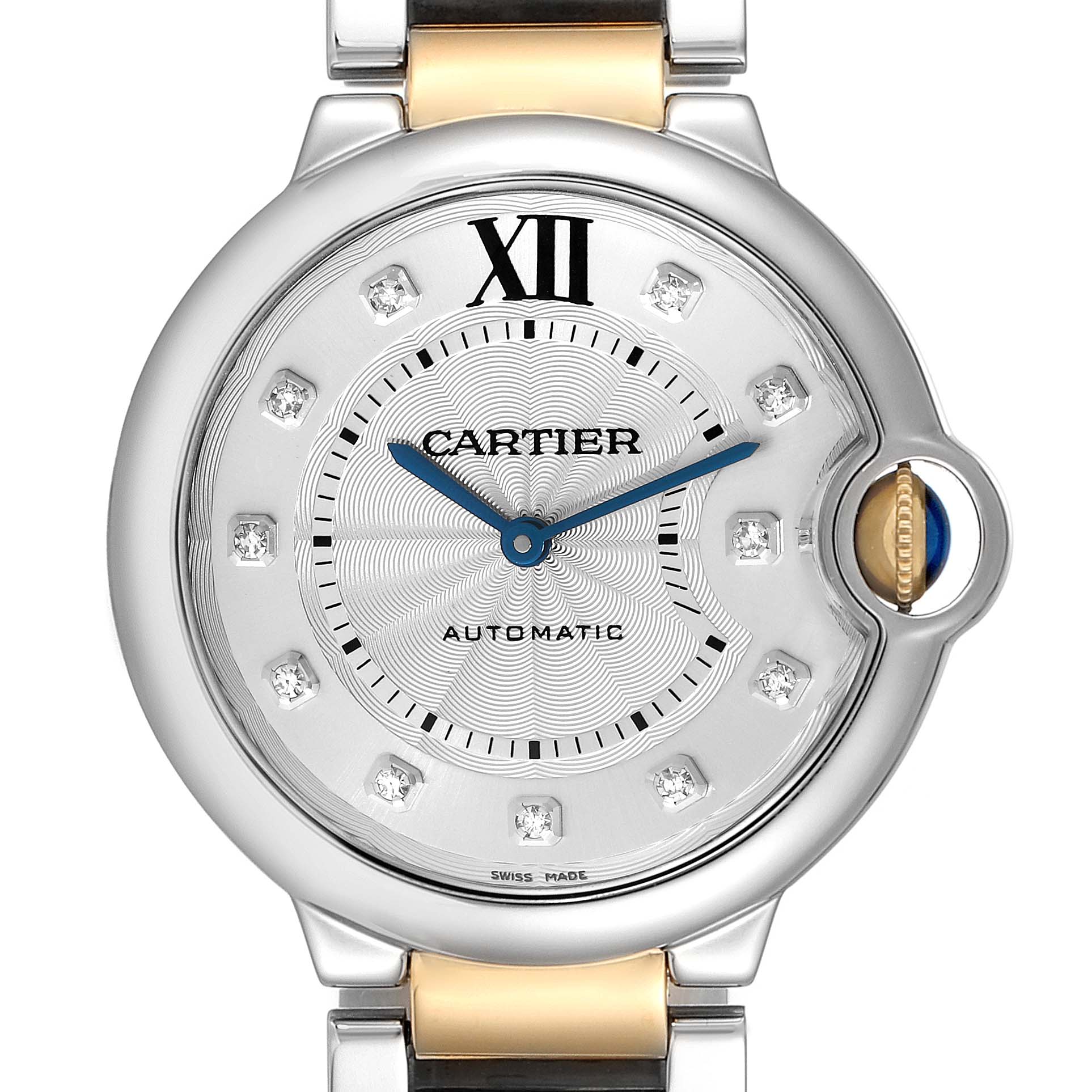 This image shows a close-up of the dial and bezel of a Ballon Bleu de Cartier watch, highlighting the diamond markers and blue hands.