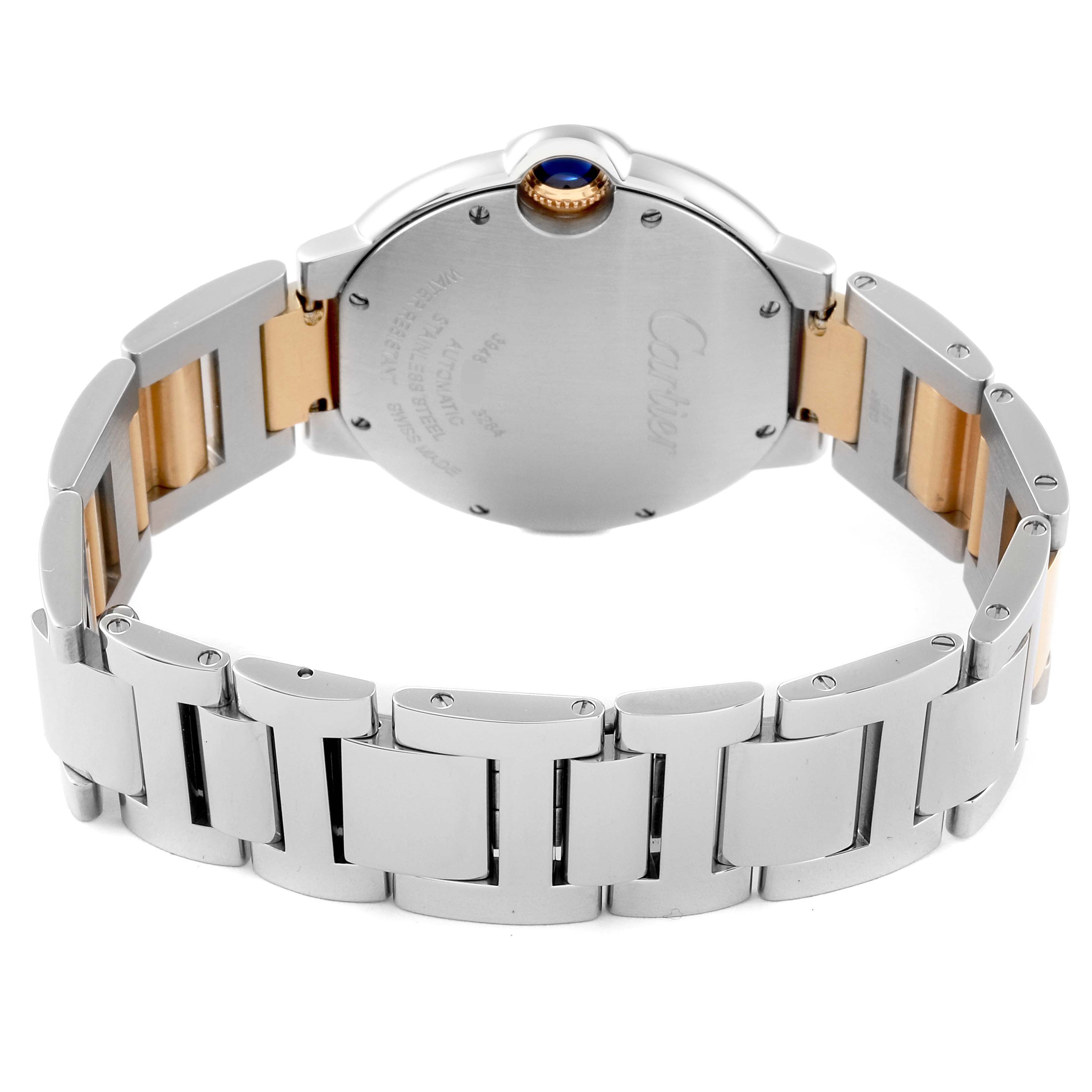 The image shows the back and bracelet of the Cartier Ballon Bleu W3BB0018 Women's Steel and Gold (two tone) Silver Dial W3BB0018 Women's Steel and Gold (two tone) Silver Dial watch, highlighting its two-tone metal finish.